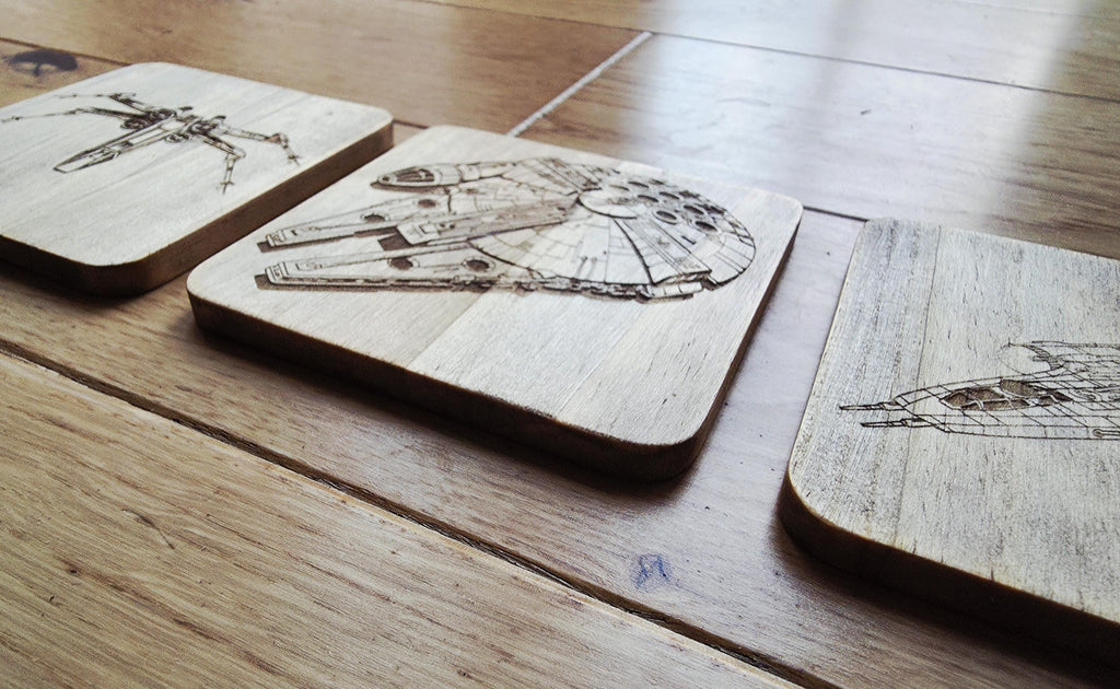 Star wars ships fan art wooden drinks coaster set millennium falcon, x wing, y wing