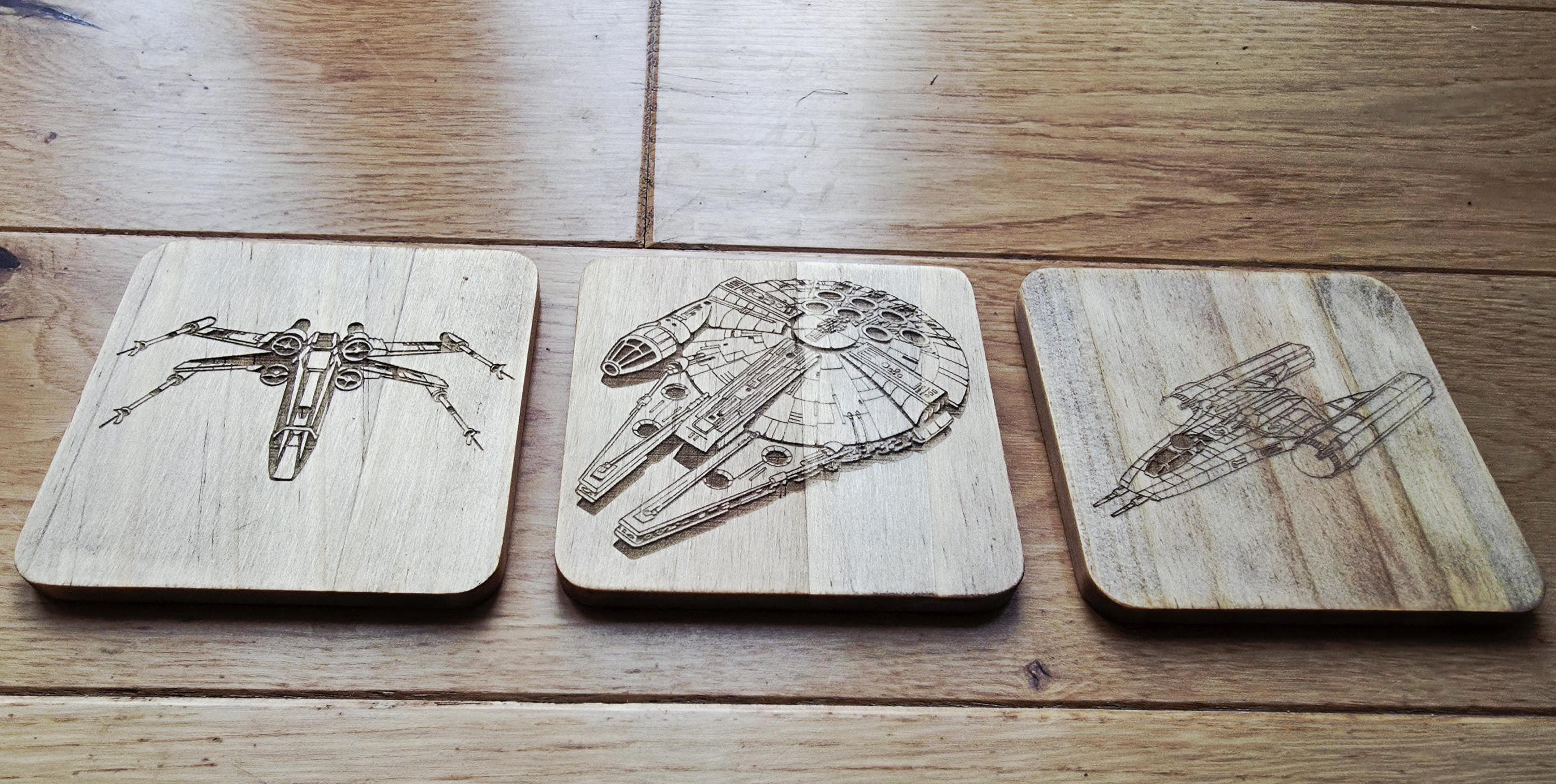Star wars ships fan art wooden drinks coaster set millennium falcon, x wing, y wing
