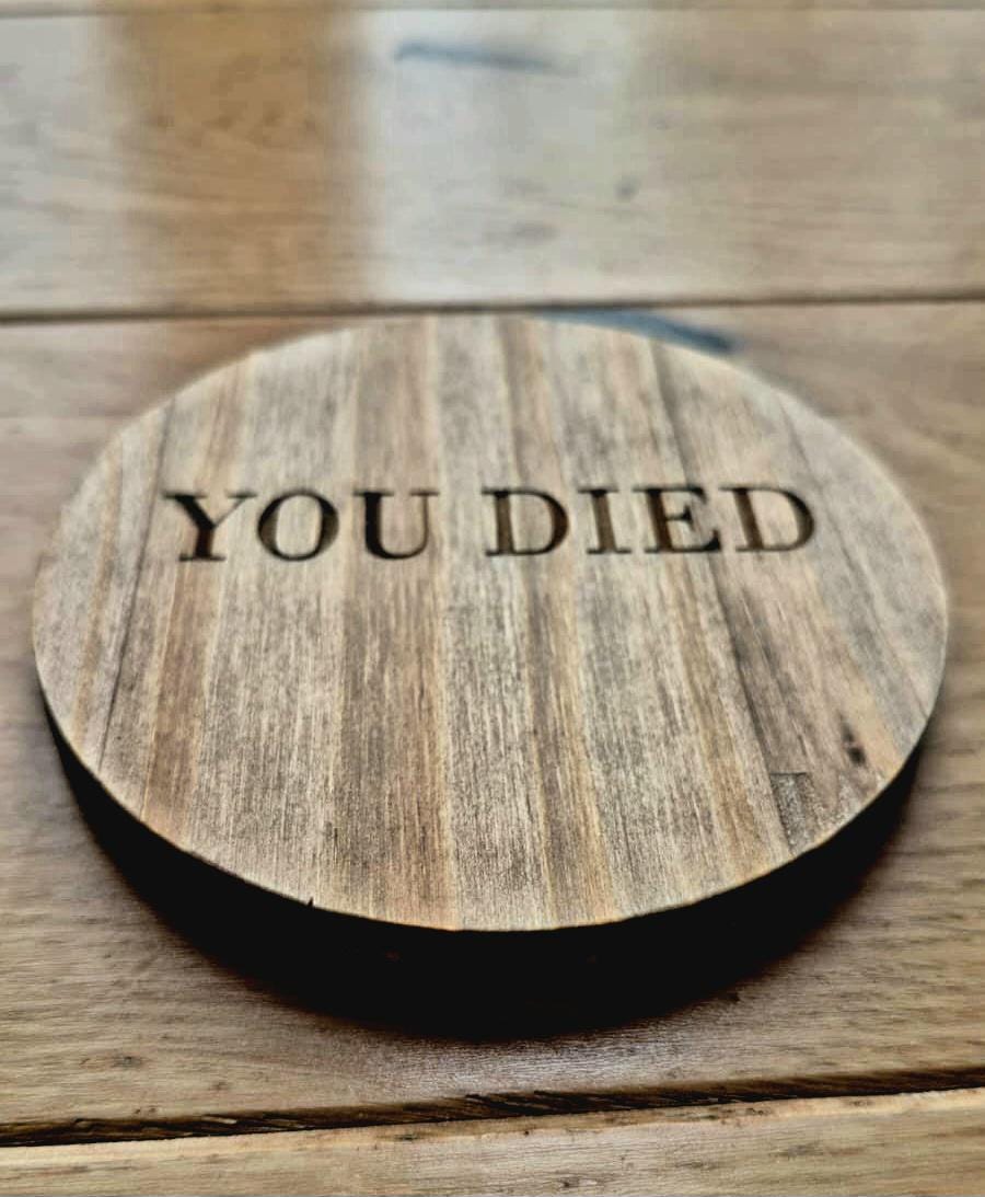 Bloodborne dark souls elden ring 'you died' fan art wooden drinks coaster