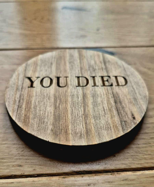 Bloodborne dark souls elden ring 'you died' fan art wooden drinks coaster