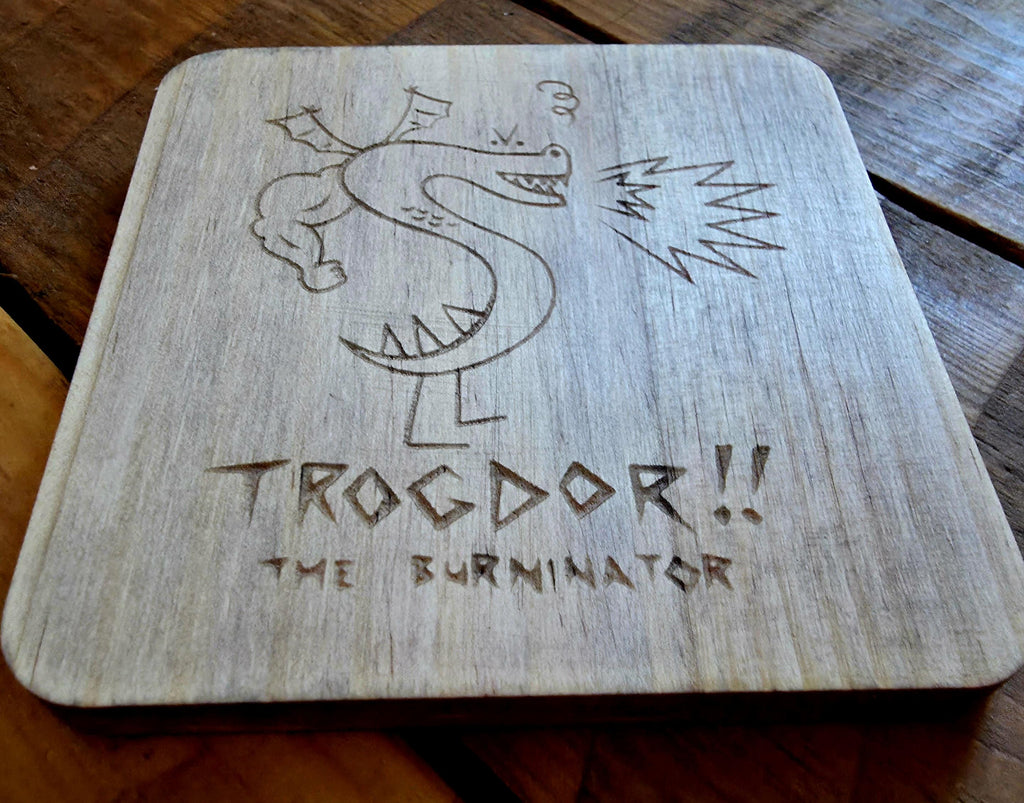 Homestar runner fan art wooden slate drinks coaster featuring Trogdor the burninator