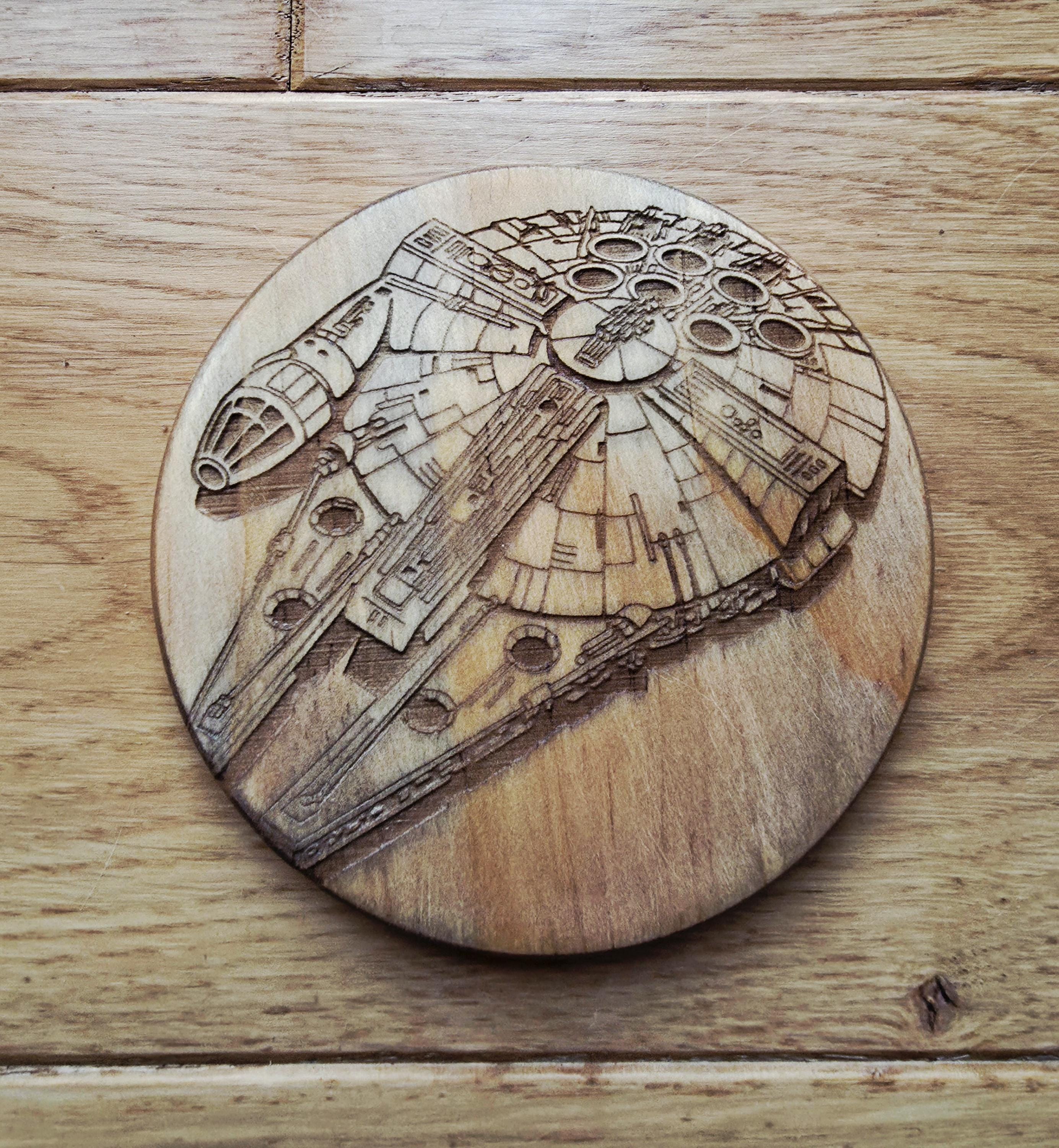 Star wars ships fan art wooden drinks coaster set millennium falcon, x wing, y wing