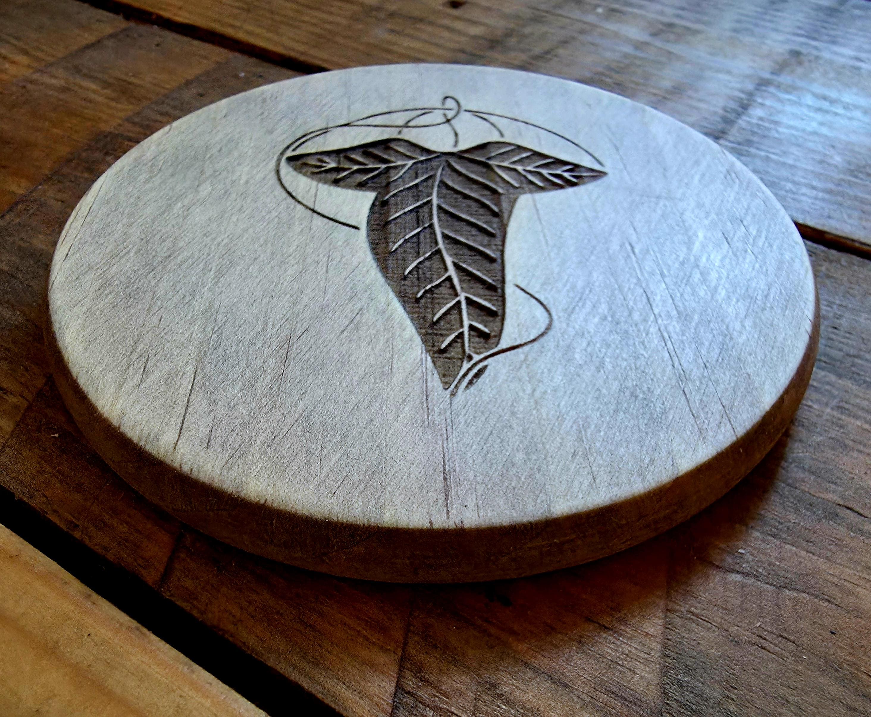 Lord of the rings LOTR fan art wooden slate drinks coaster Leaf of Lorien