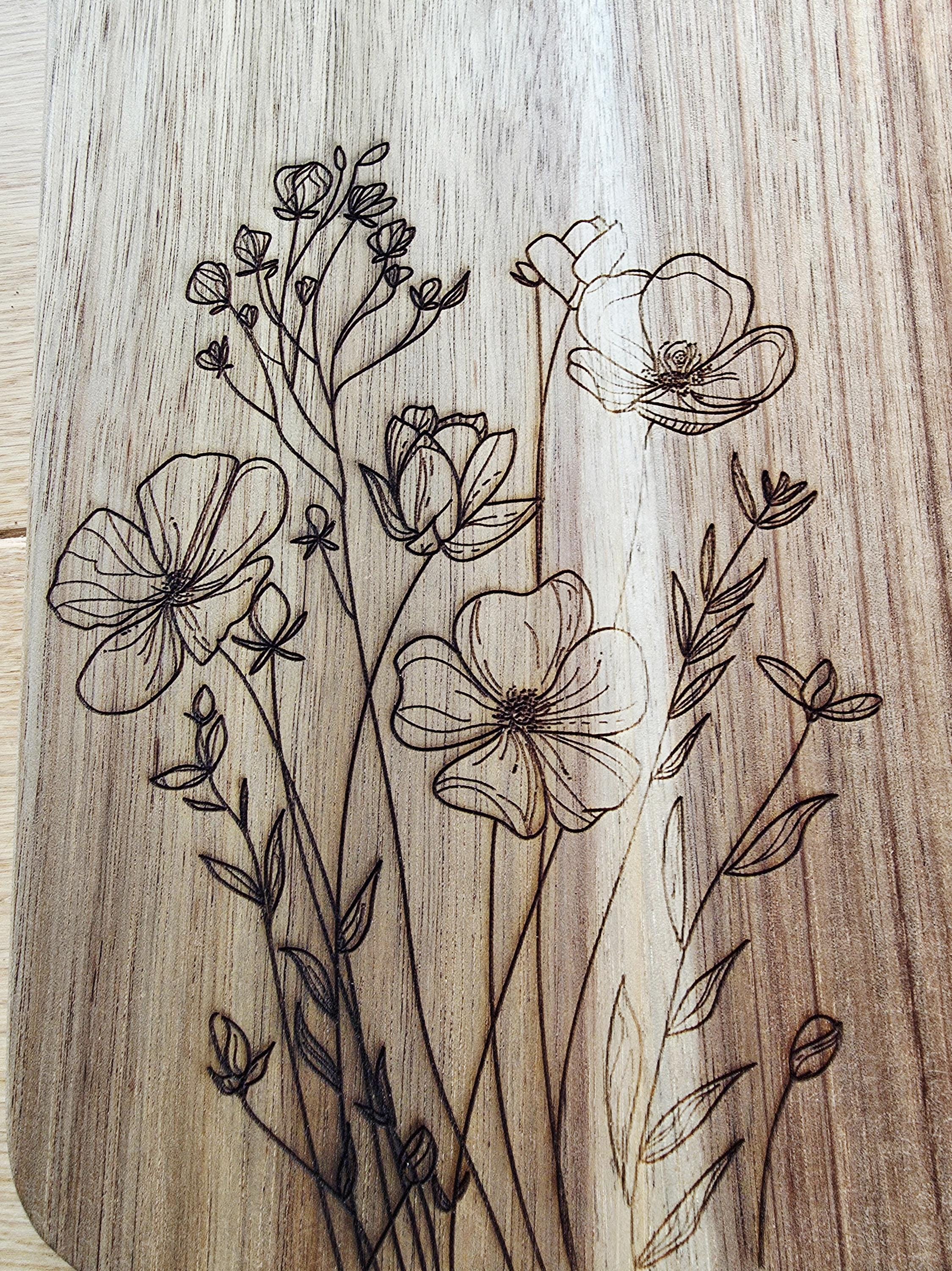 Botanical wildflowers cheese charcuterie chopping board in acacia wood