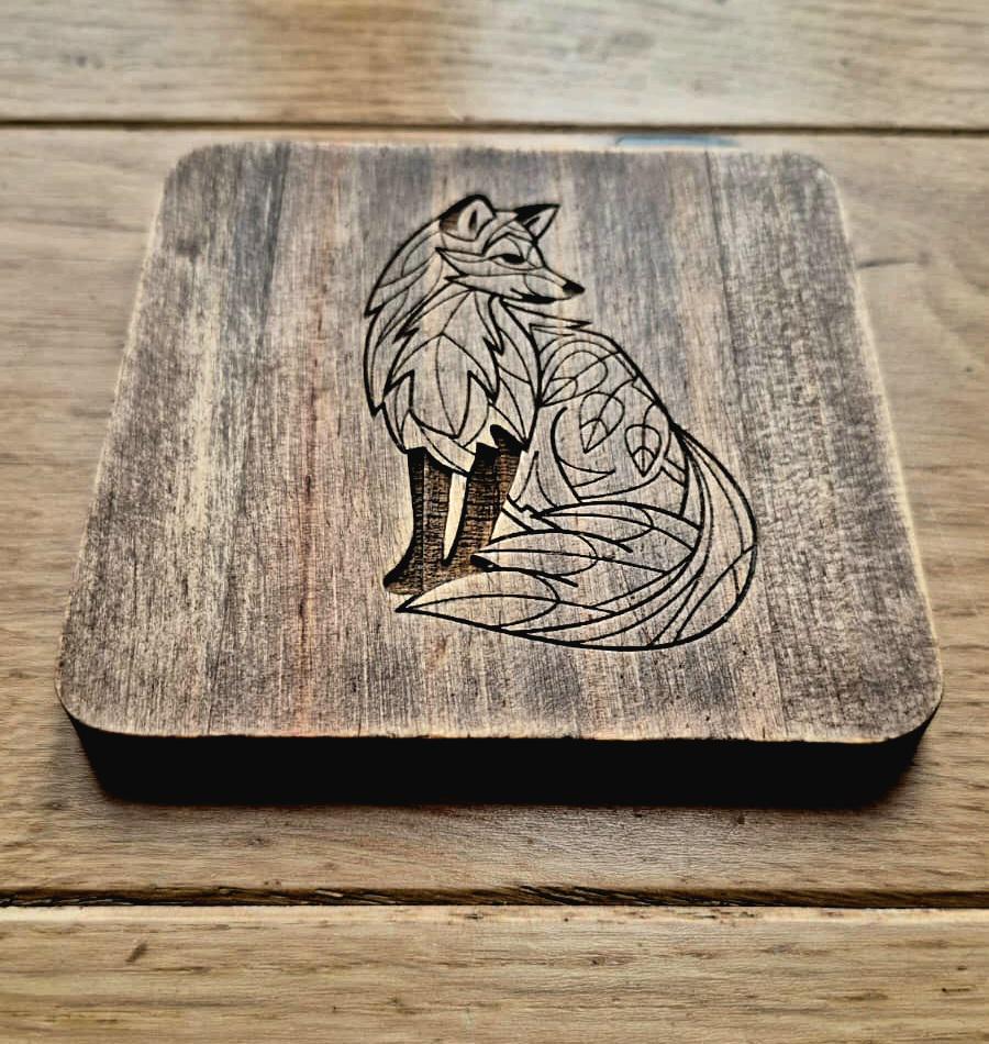 Woodland leaf fox engraved wooden coaster