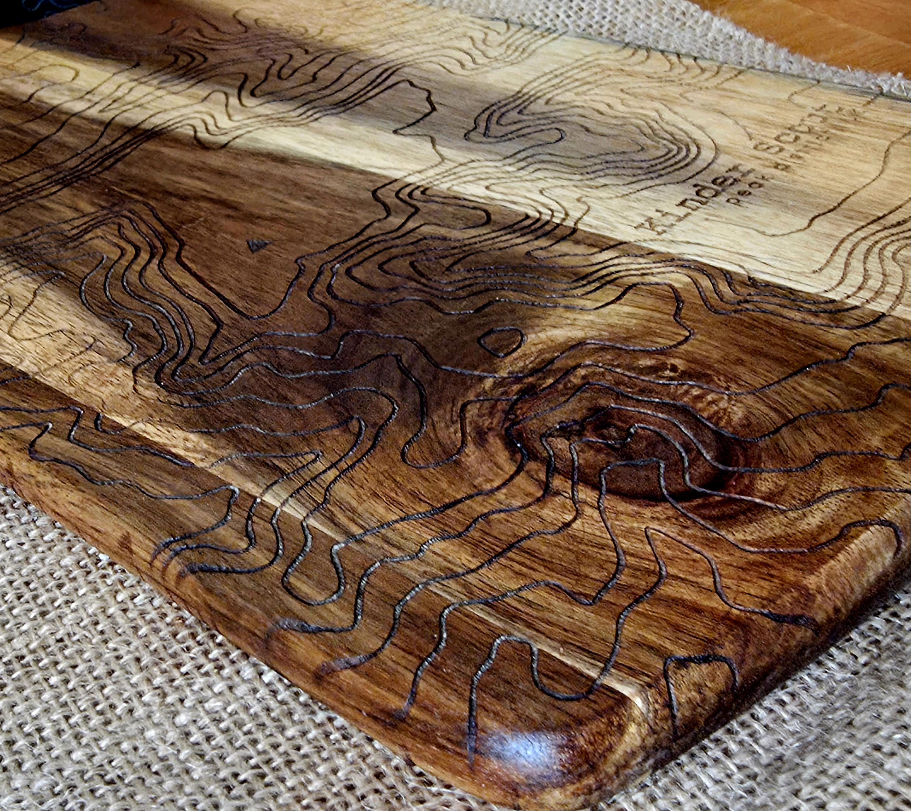 Contour map: Kinder Scout serving board- cheese charcuterie chopping board in acacia wood
