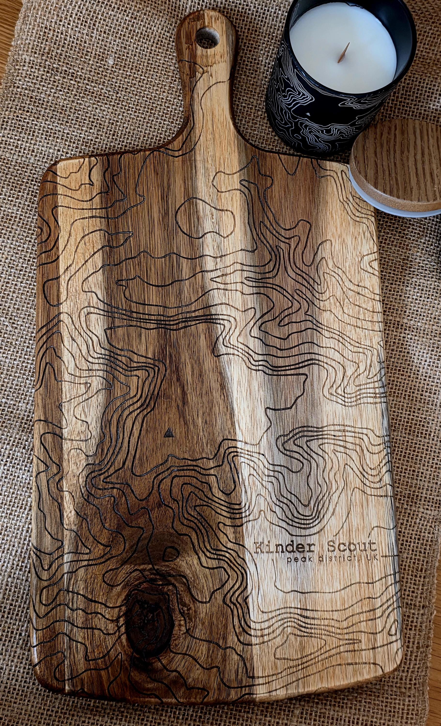 Contour map: Kinder Scout serving board- cheese charcuterie chopping board in acacia wood