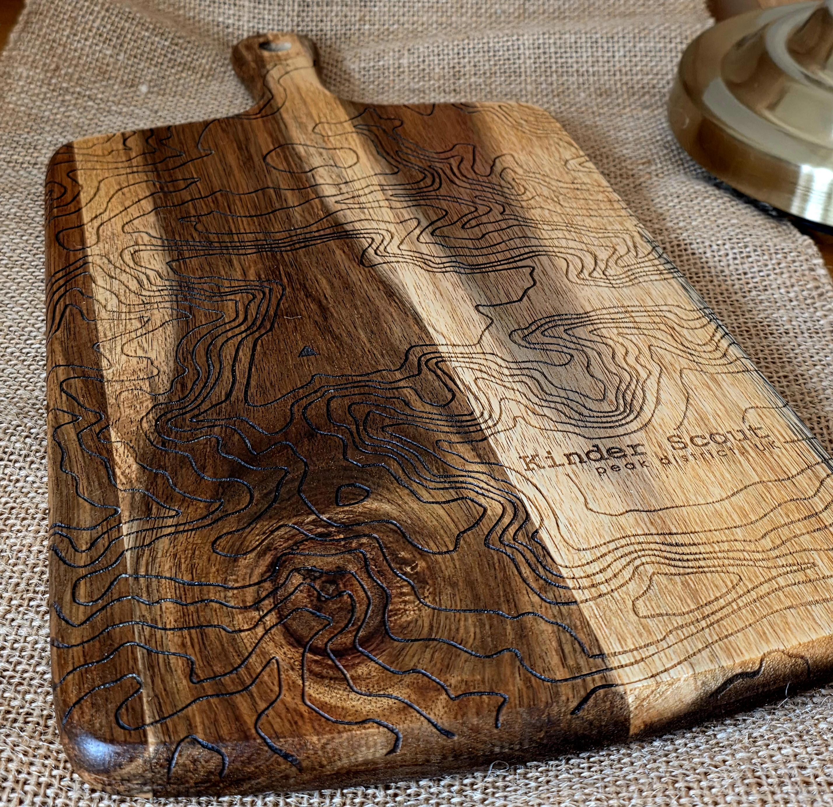 Contour map: Kinder Scout serving board- cheese charcuterie chopping board in acacia wood