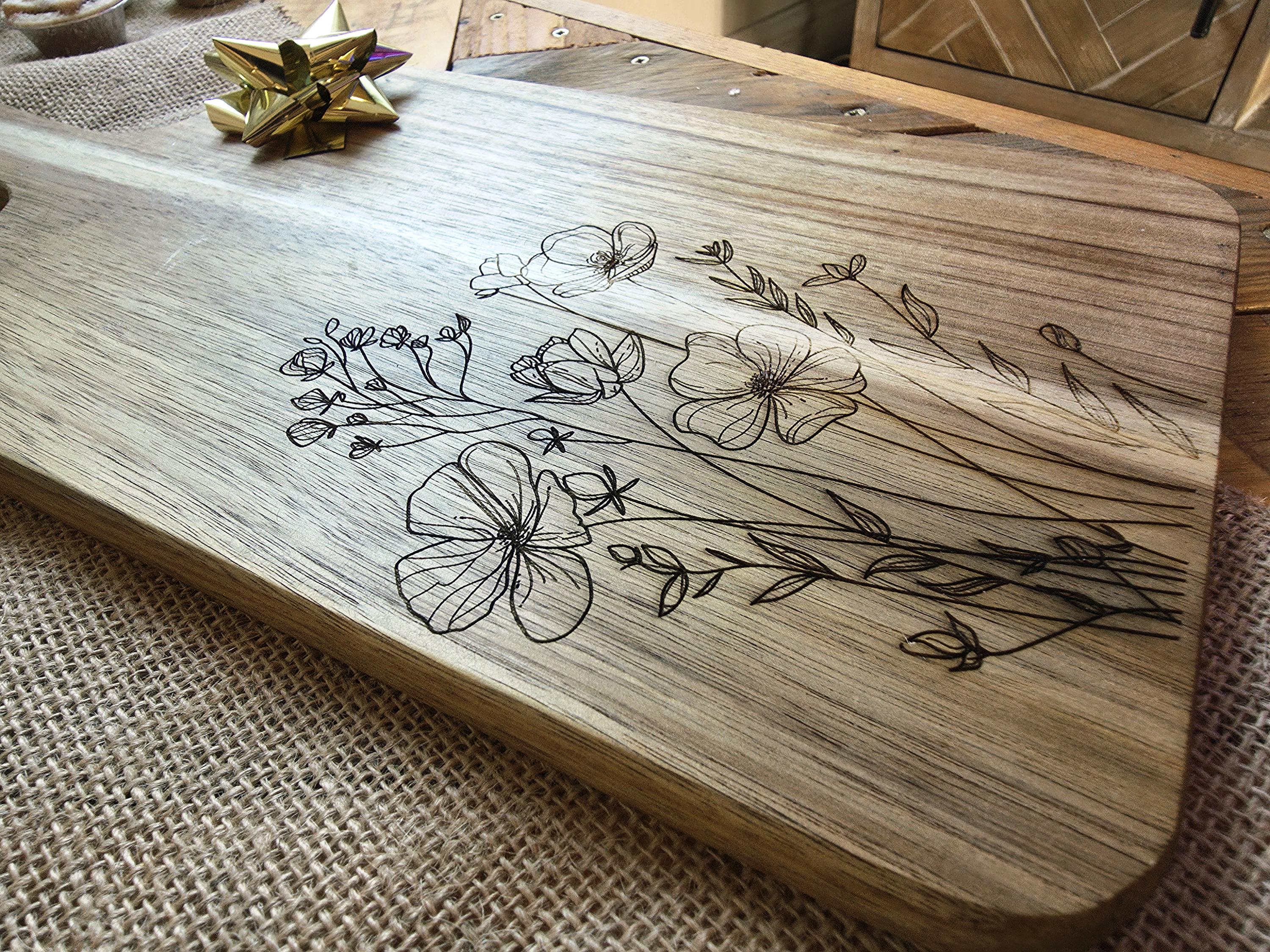 Botanical wildflowers cheese charcuterie chopping board in acacia wood