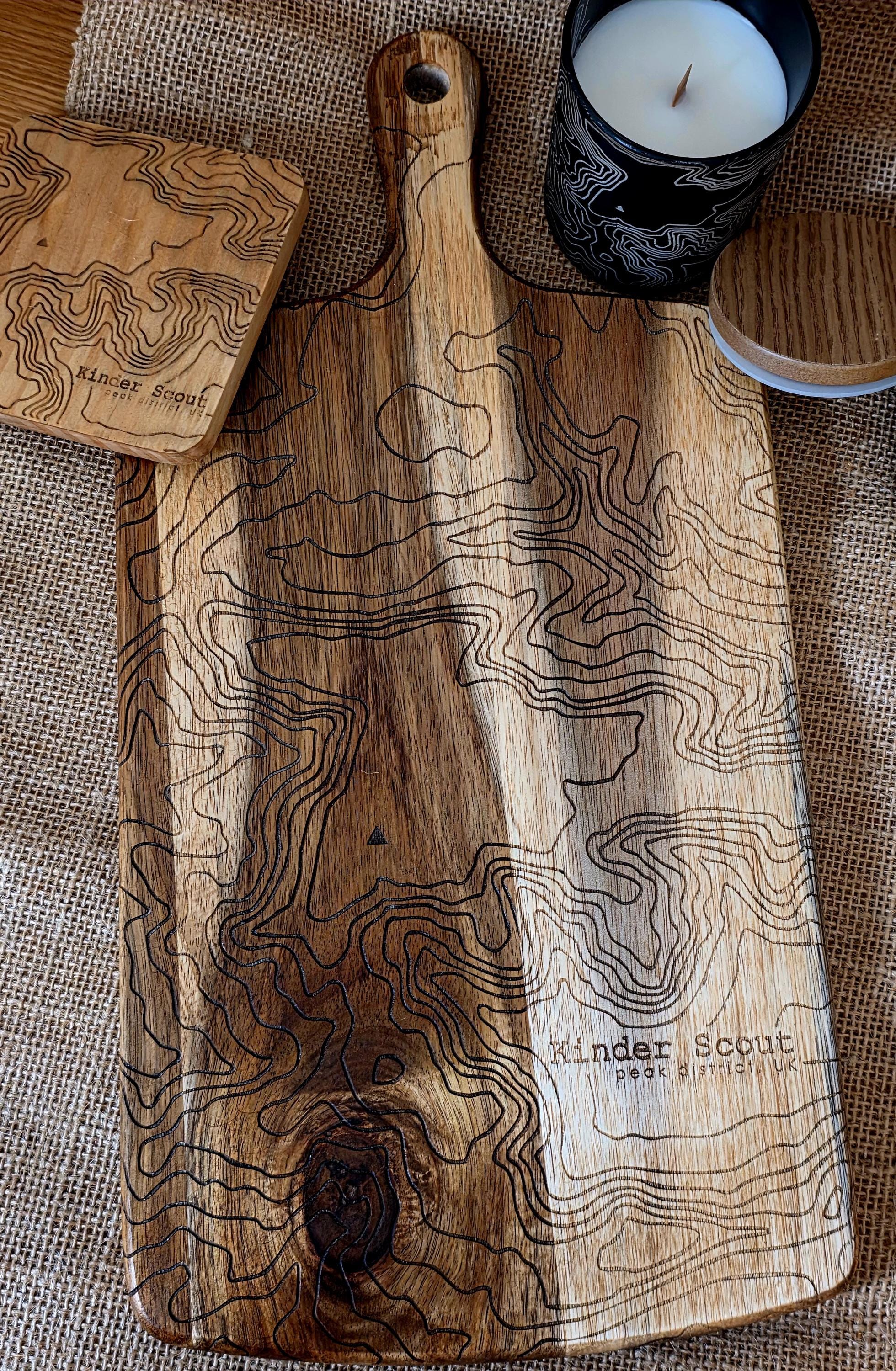 Contour map: Kinder Scout serving board- cheese charcuterie chopping board in acacia wood