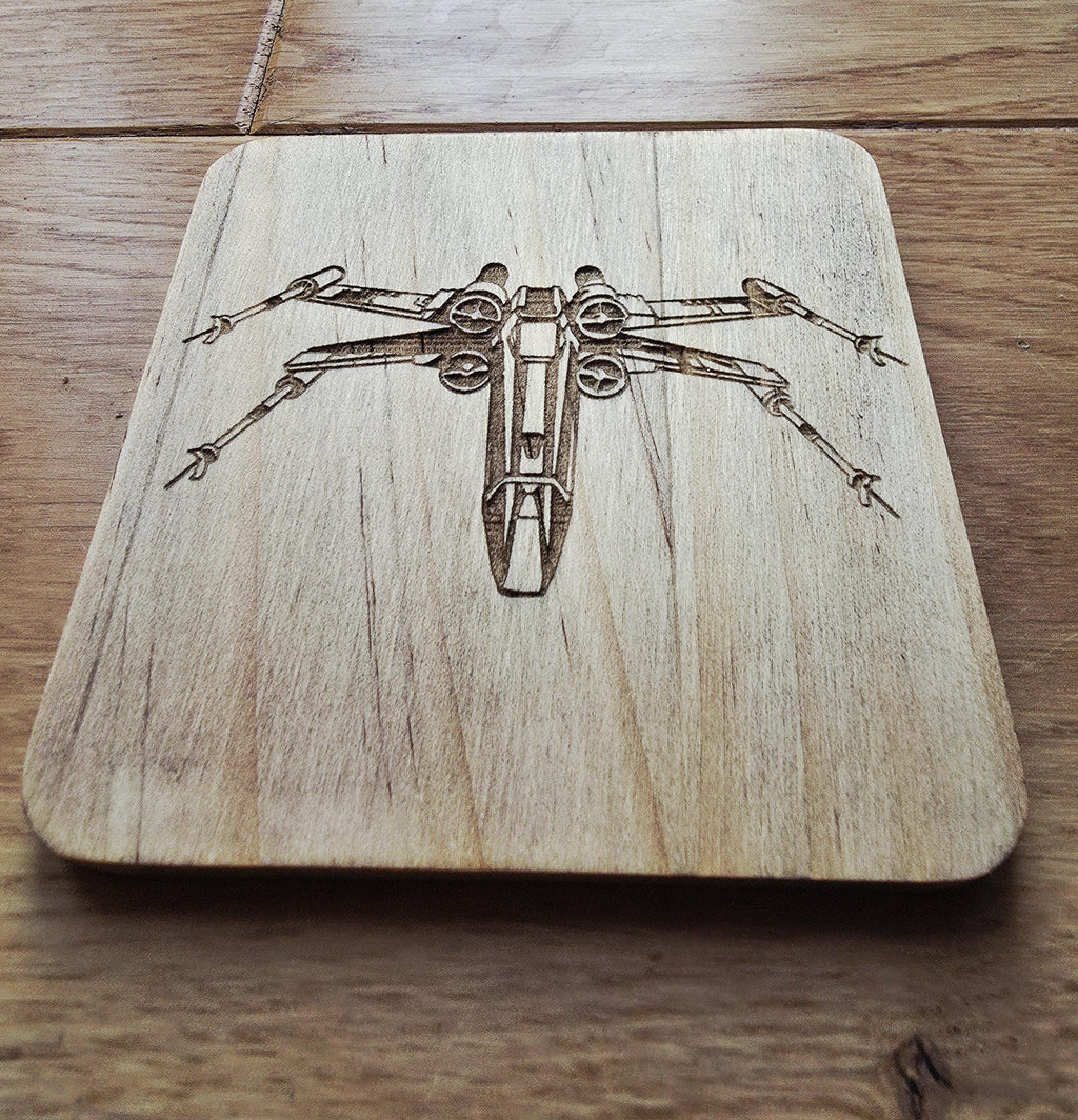 Star wars ships fan art wooden drinks coaster set millennium falcon, x wing, y wing