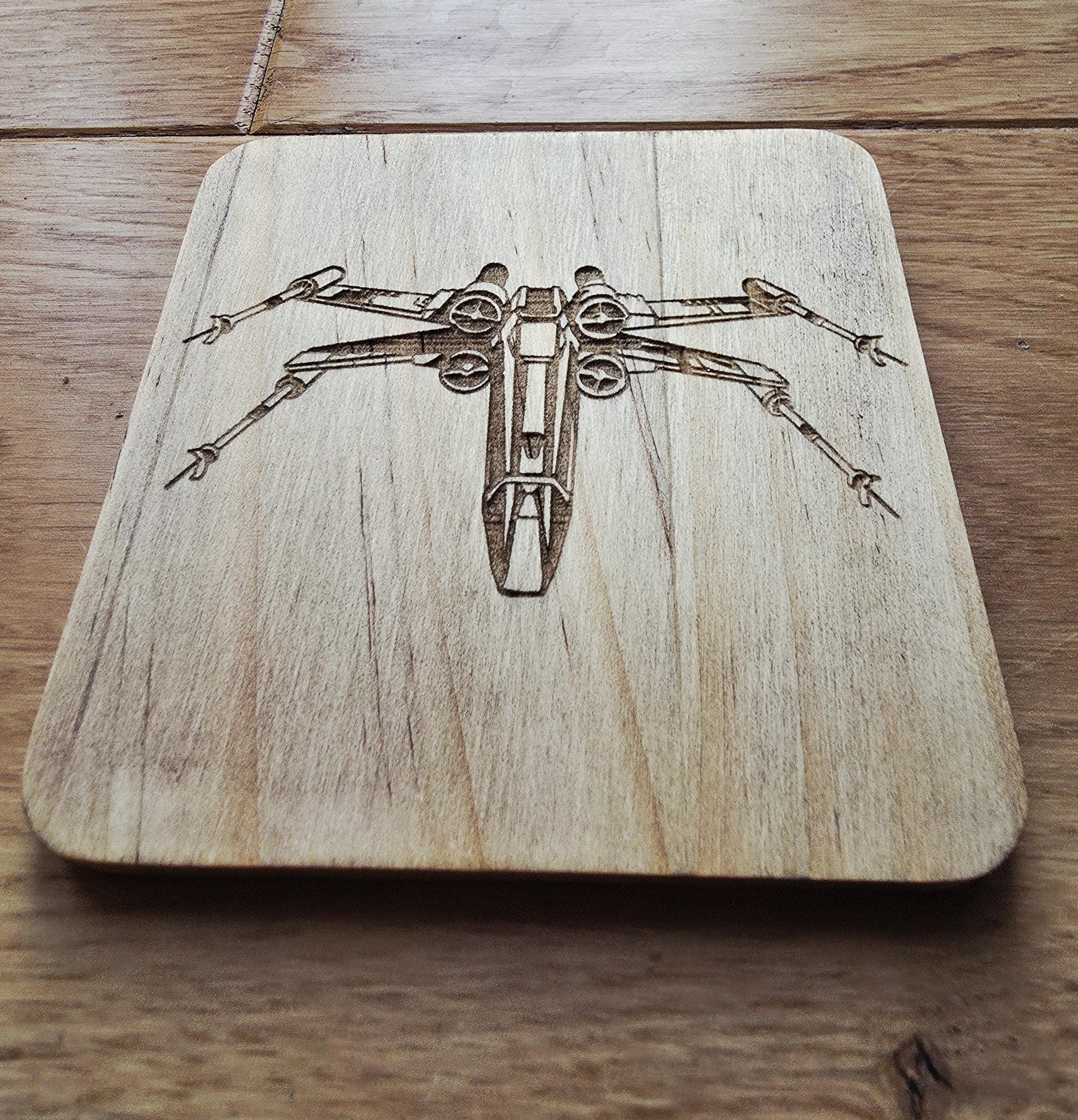 Star wars ships fan art wooden drinks coaster set millennium falcon, x wing, y wing