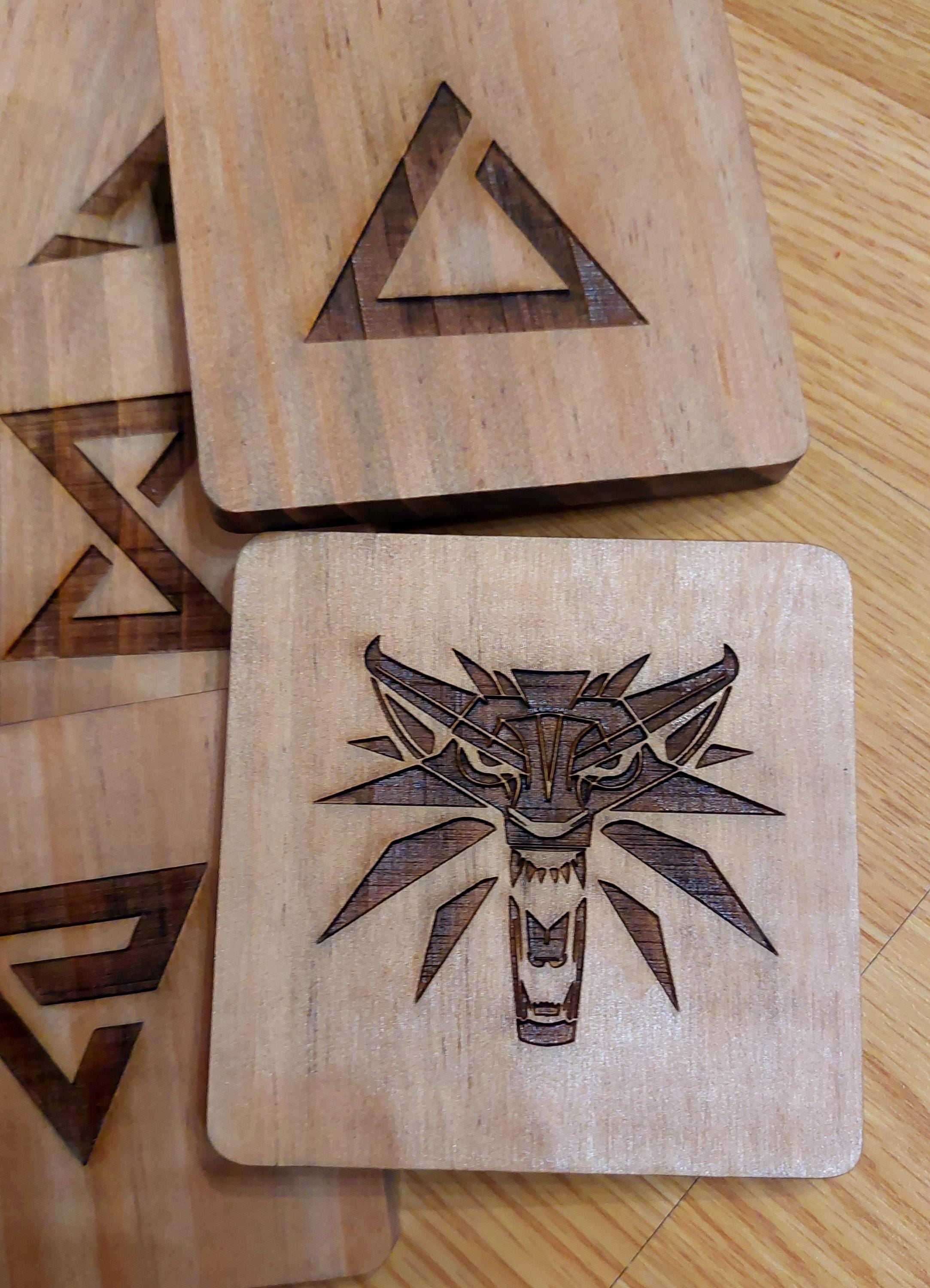 Witcher fan art wooden drinks coaster Witcher Medallion