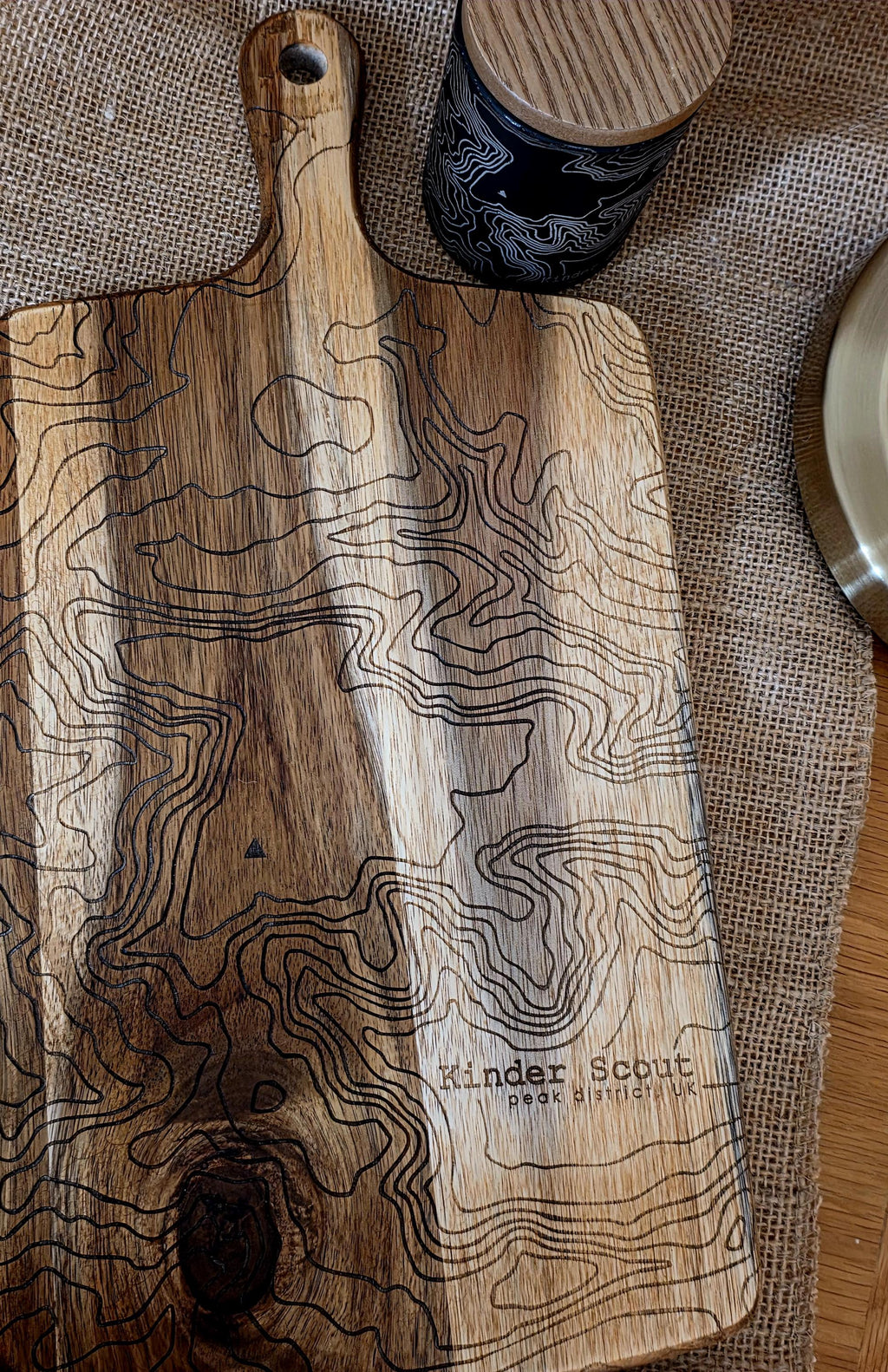 Contour map: Kinder Scout serving board- cheese charcuterie chopping board in acacia wood