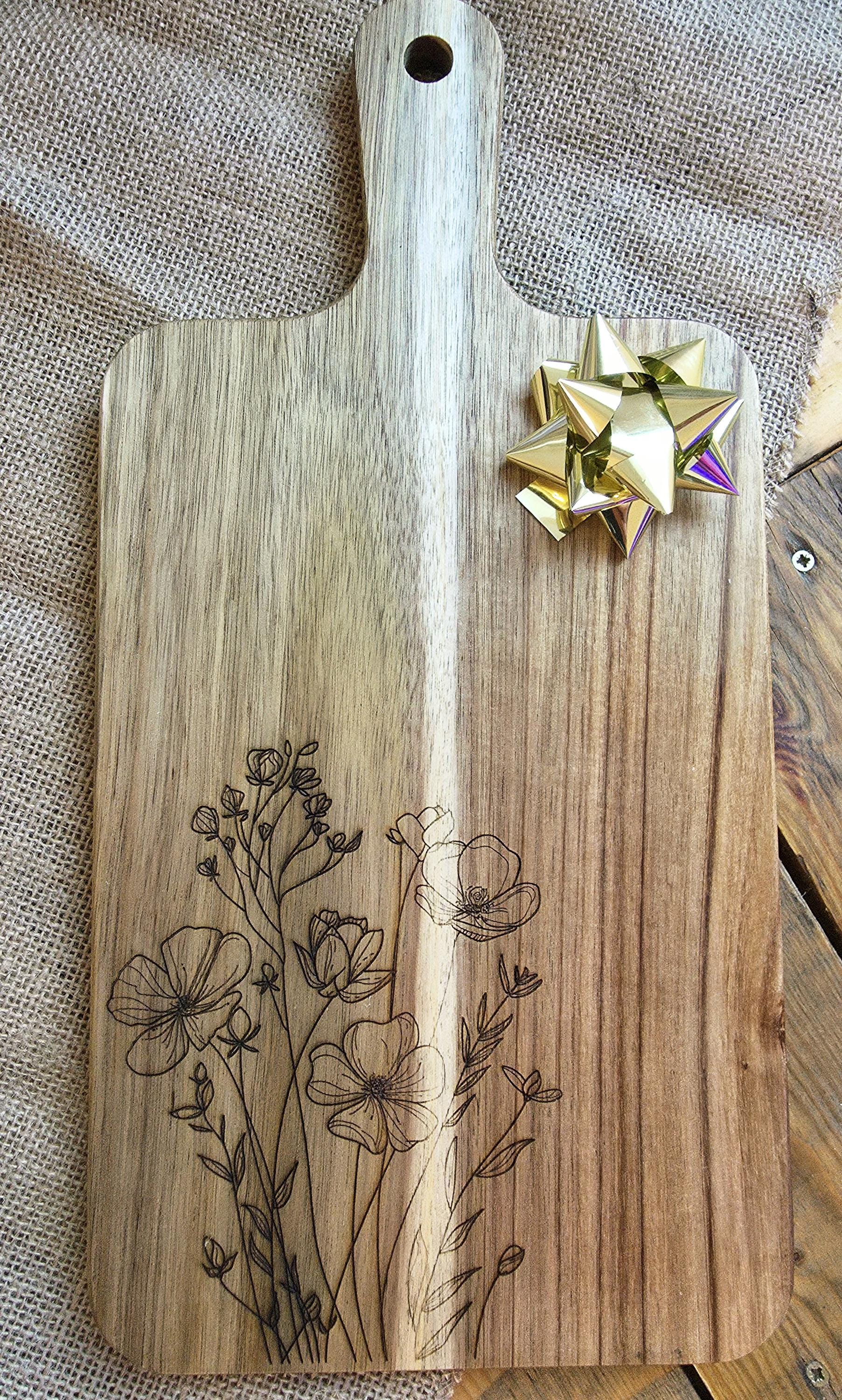 Botanical wildflowers cheese charcuterie chopping board in acacia wood