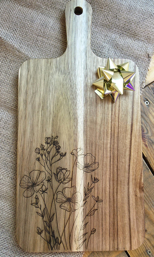 Botanical wildflowers cheese charcuterie chopping board in acacia wood