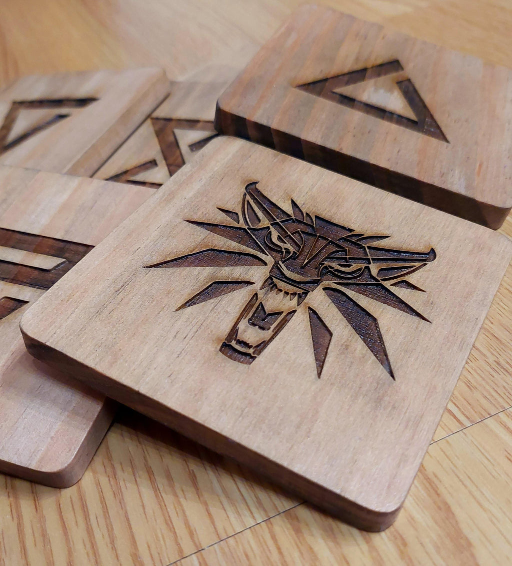 Witcher fan art wooden drinks coaster Witcher Medallion