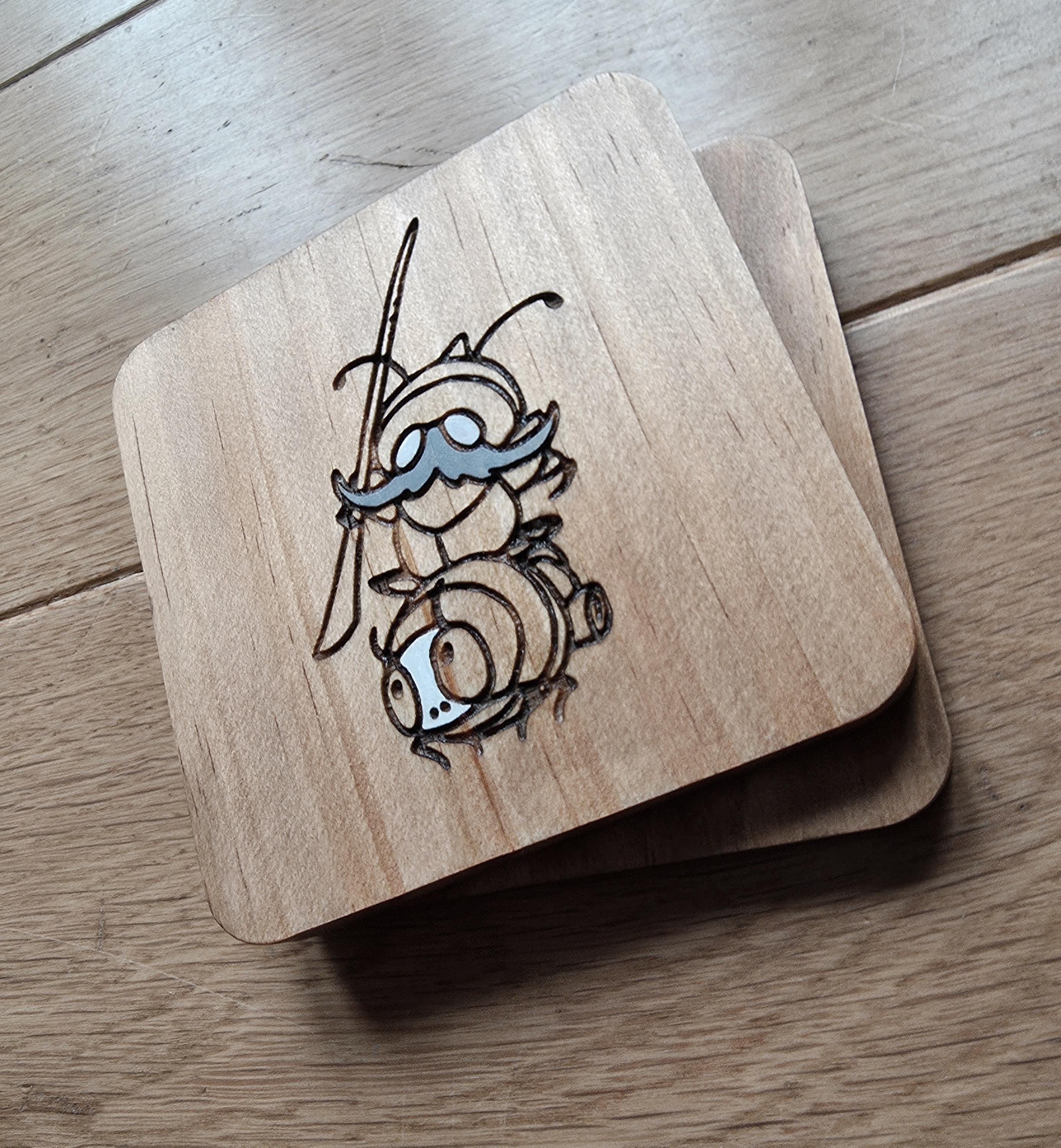 Hollow Knight Silksong Garamond and Zaza wooden drinks coaster