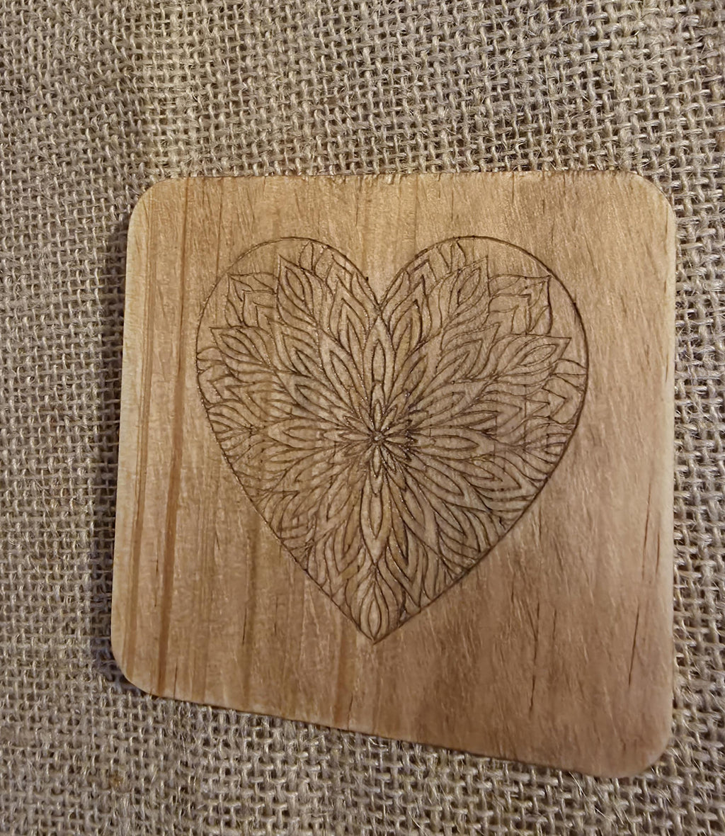 Mandala heart engraved wooden coaster