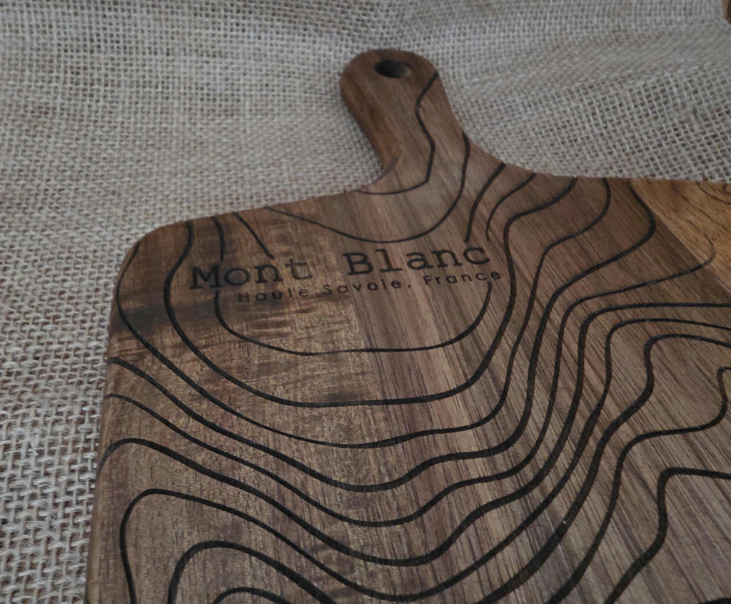 Contour map: Mont blanc serving board- cheese charcuterie chopping board in acacia wood