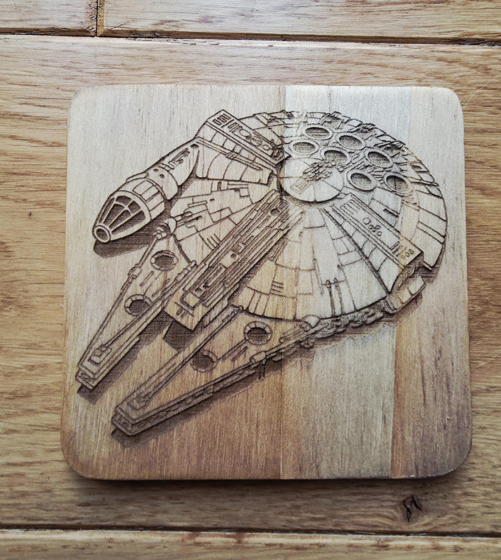 Star wars fan art wooden drinks coaster Millennium Falcon