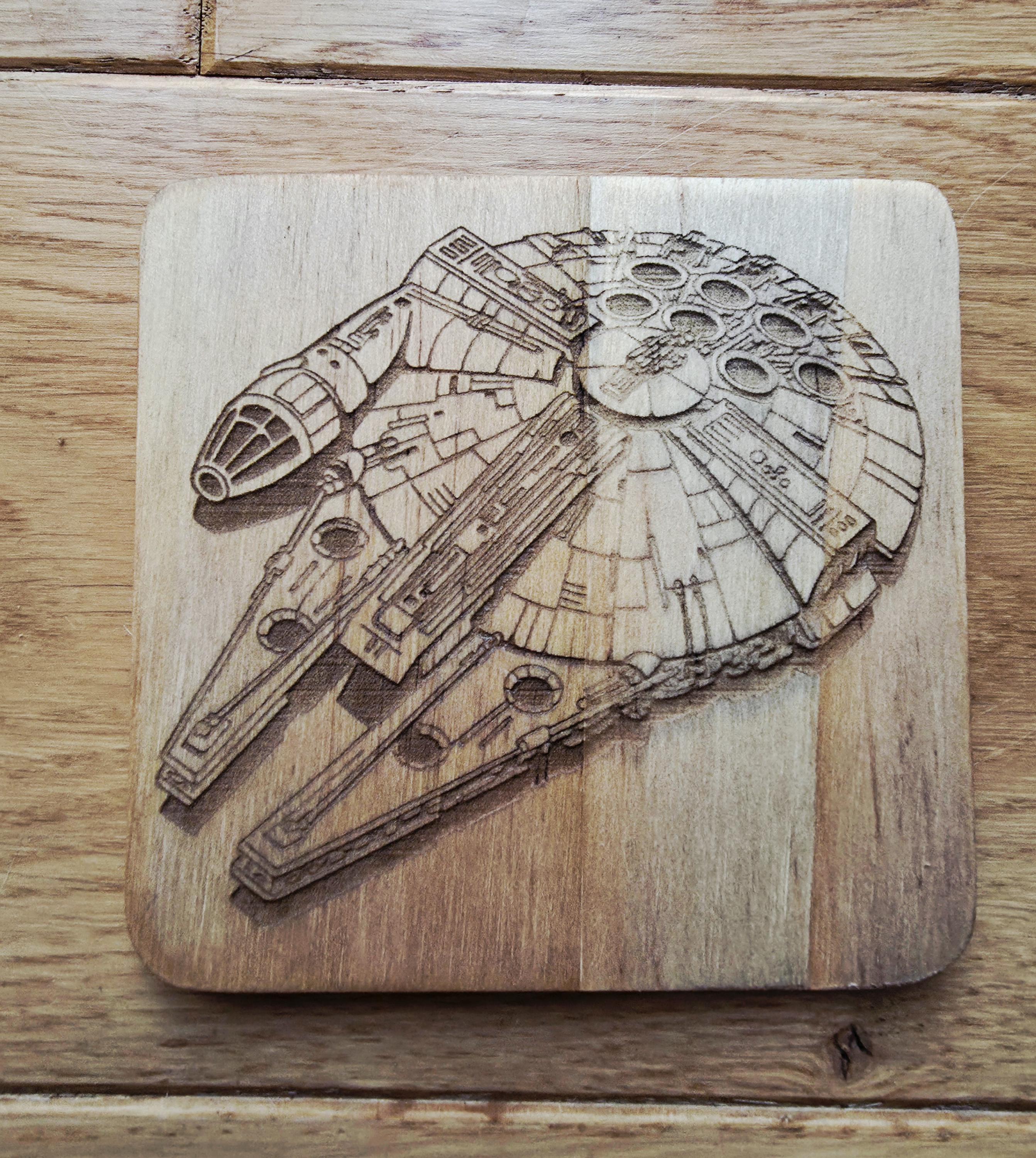Star wars fan art wooden drinks coaster Millennium Falcon