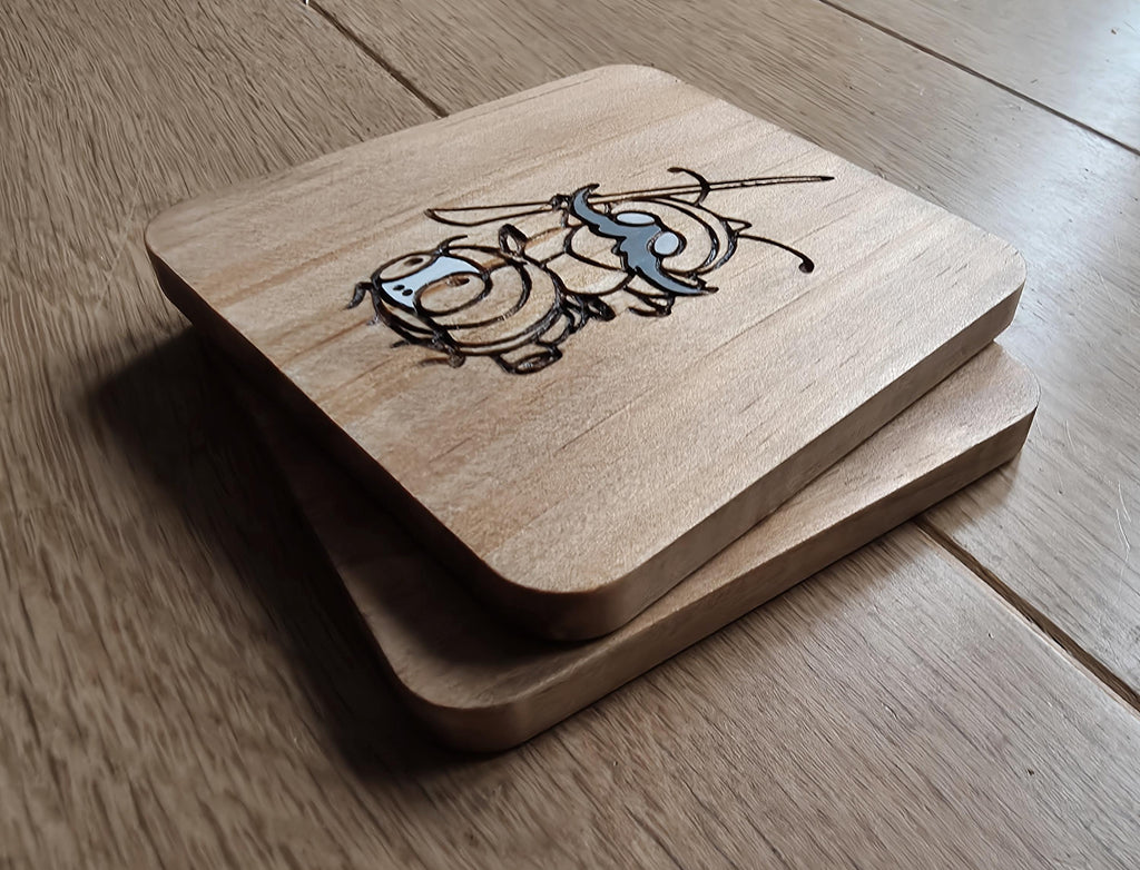 Hollow Knight Silksong Garamond and Zaza wooden drinks coaster