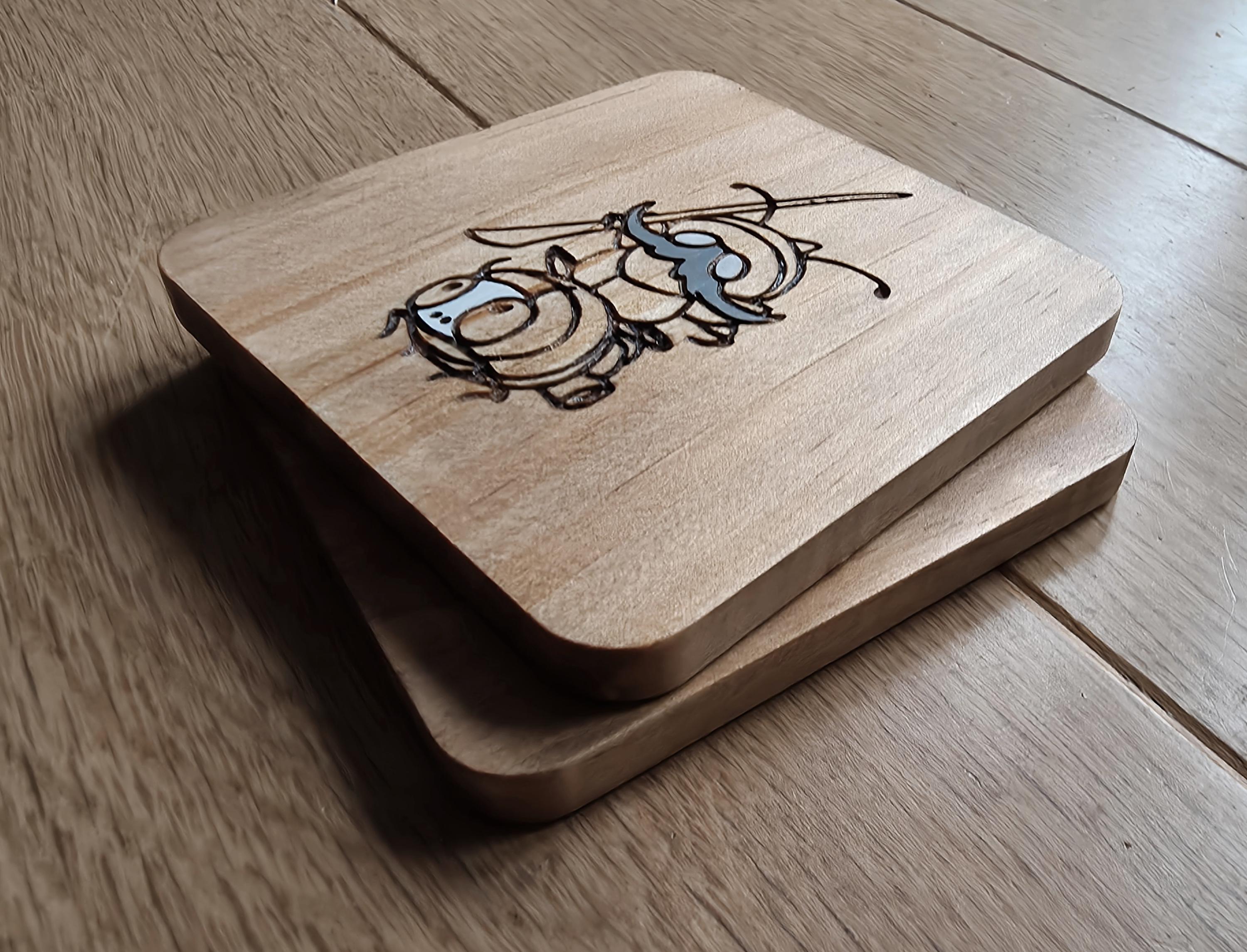 Hollow Knight Silksong Garamond and Zaza wooden drinks coaster