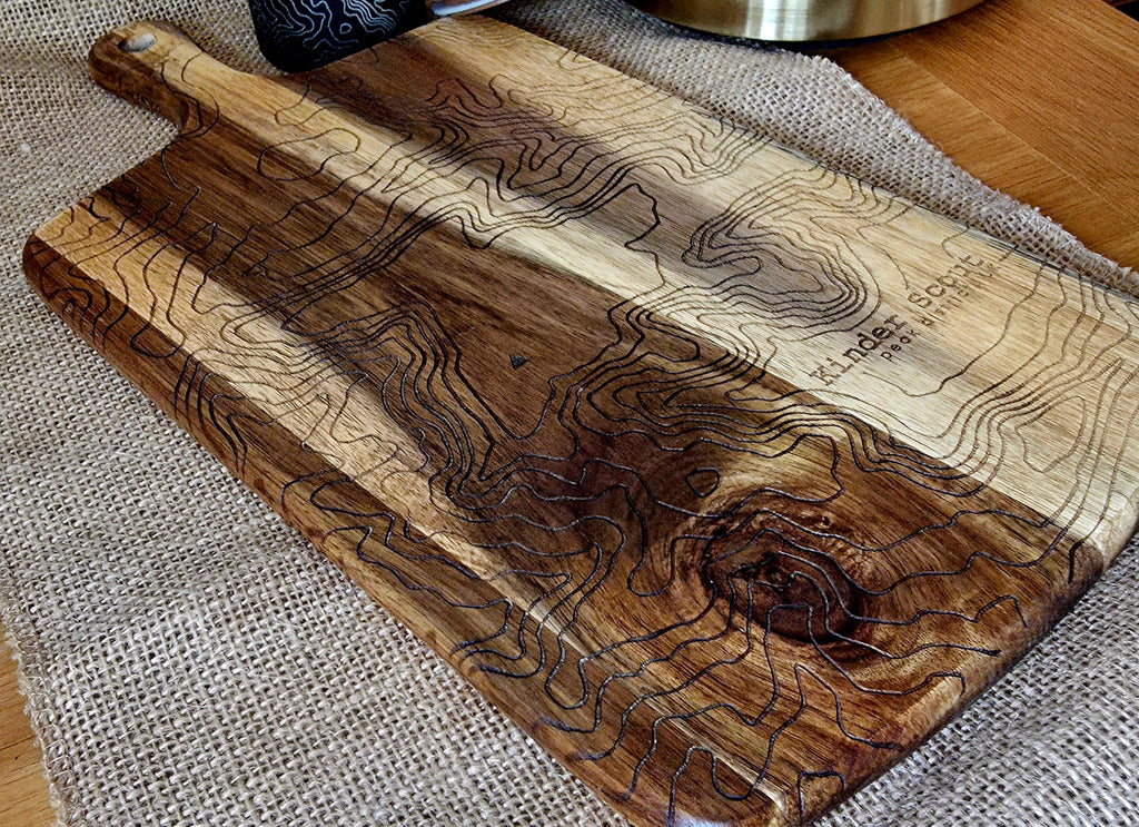 Contour map: Kinder Scout serving board- cheese charcuterie chopping board in acacia wood