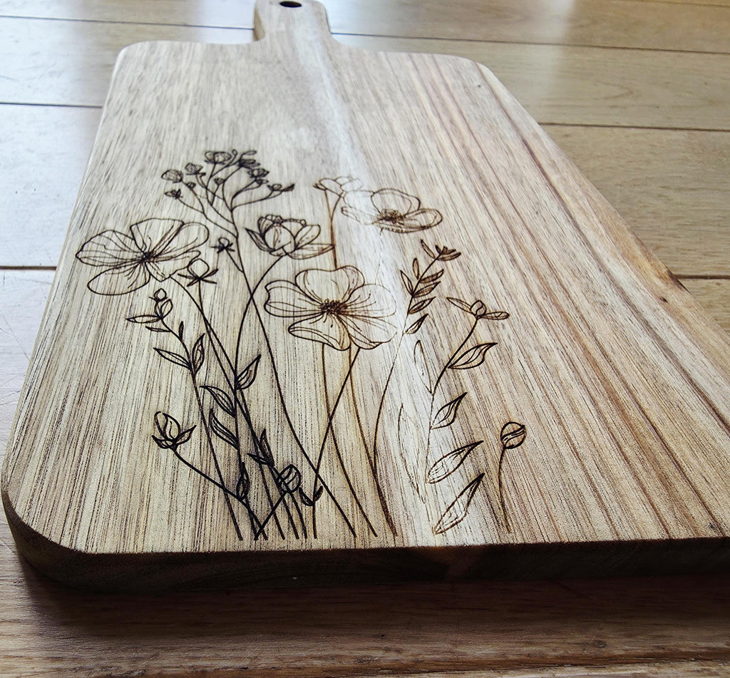 Botanical wildflowers cheese charcuterie chopping board in acacia wood