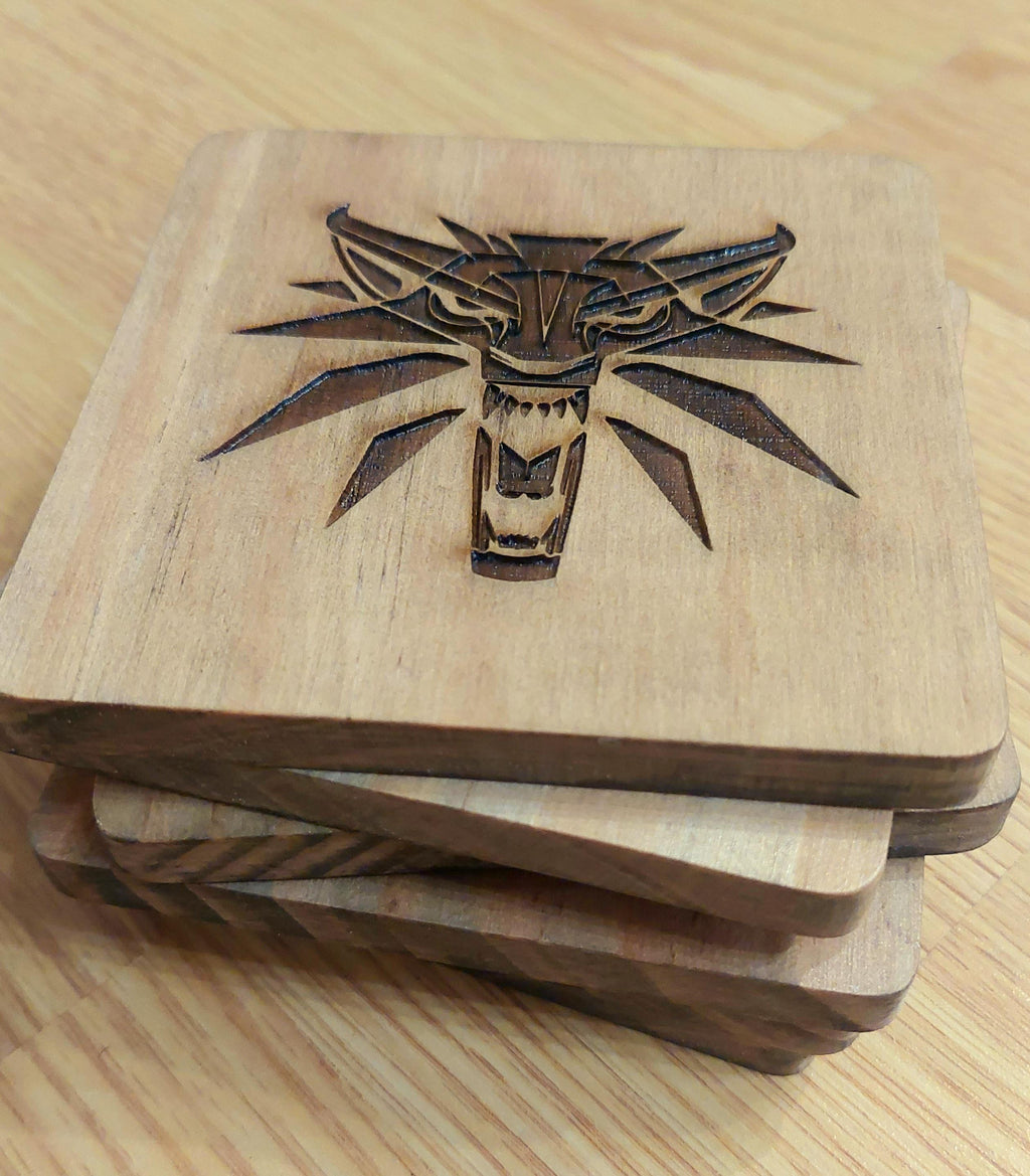Witcher fan art wooden drinks coaster Witcher Medallion