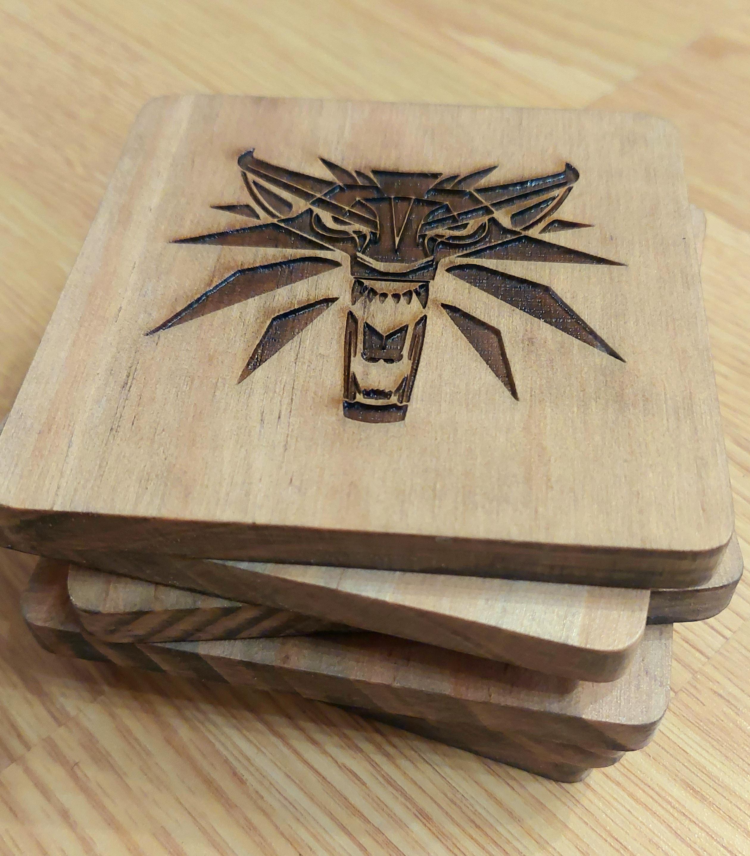 Witcher fan art wooden drinks coaster Witcher Medallion