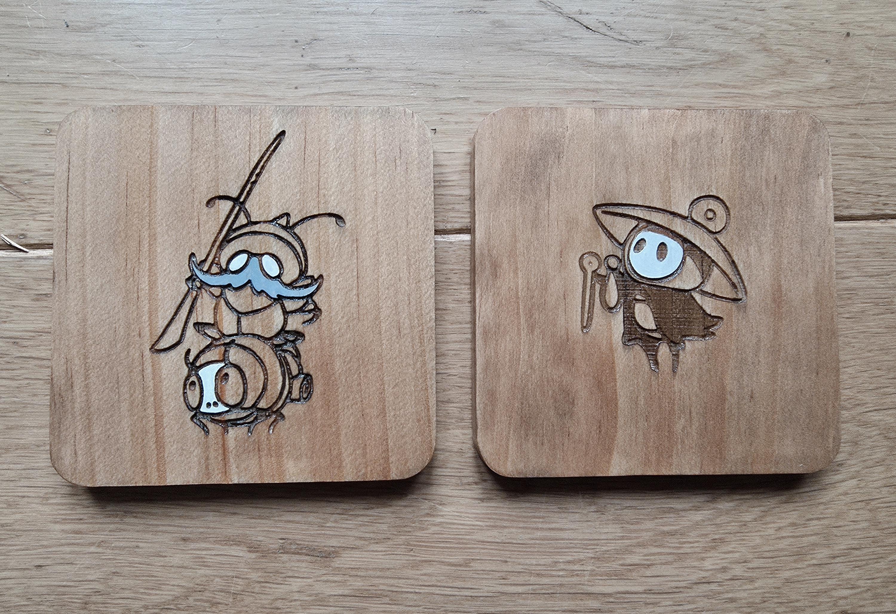 Hollow Knight Silksong Garamond and Zaza wooden drinks coaster