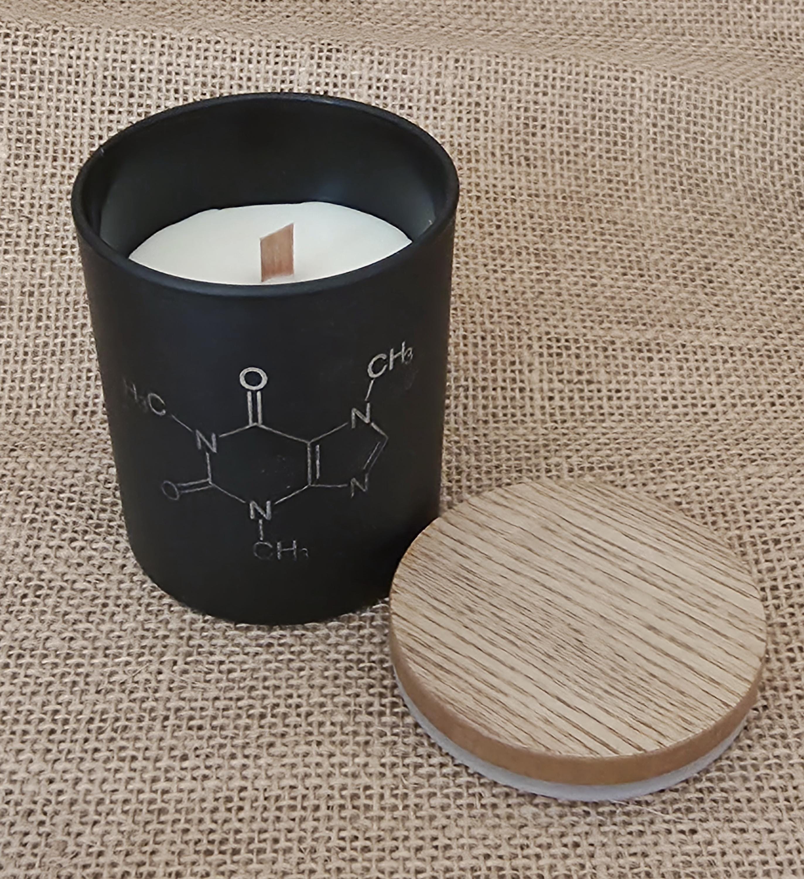 Coffee lovers candle: caffeine molecular structure. Nerdy candles.
