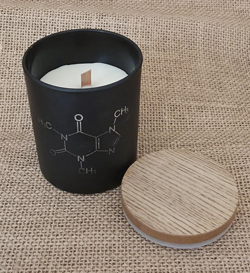 Coffee lovers candle: caffeine molecular structure. Nerdy candles.
