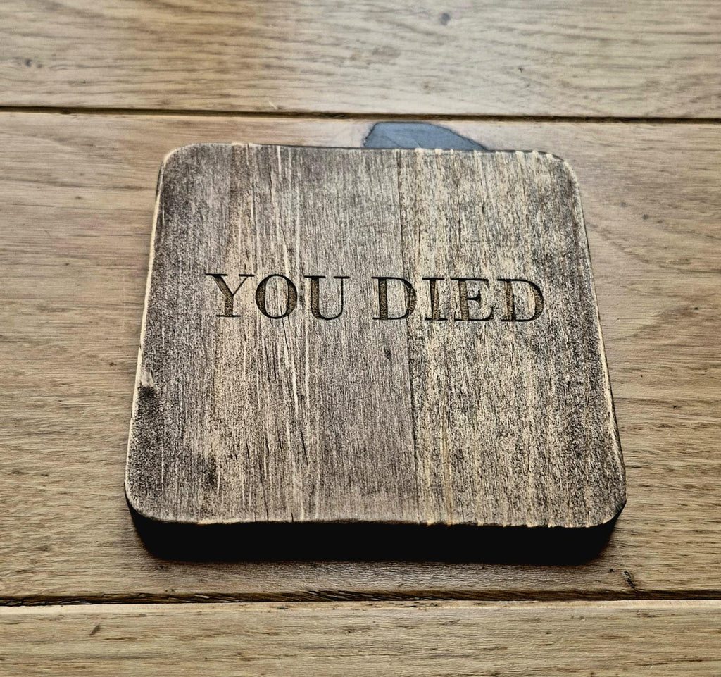Bloodborne dark souls elden ring 'you died' fan art wooden drinks coaster