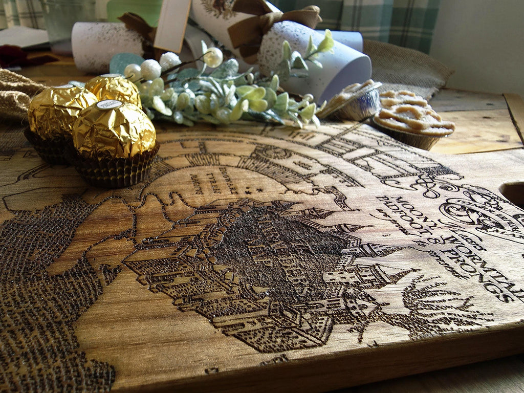 Marauders map fan art serving board- cheese charcuterie chopping board in acacia wood