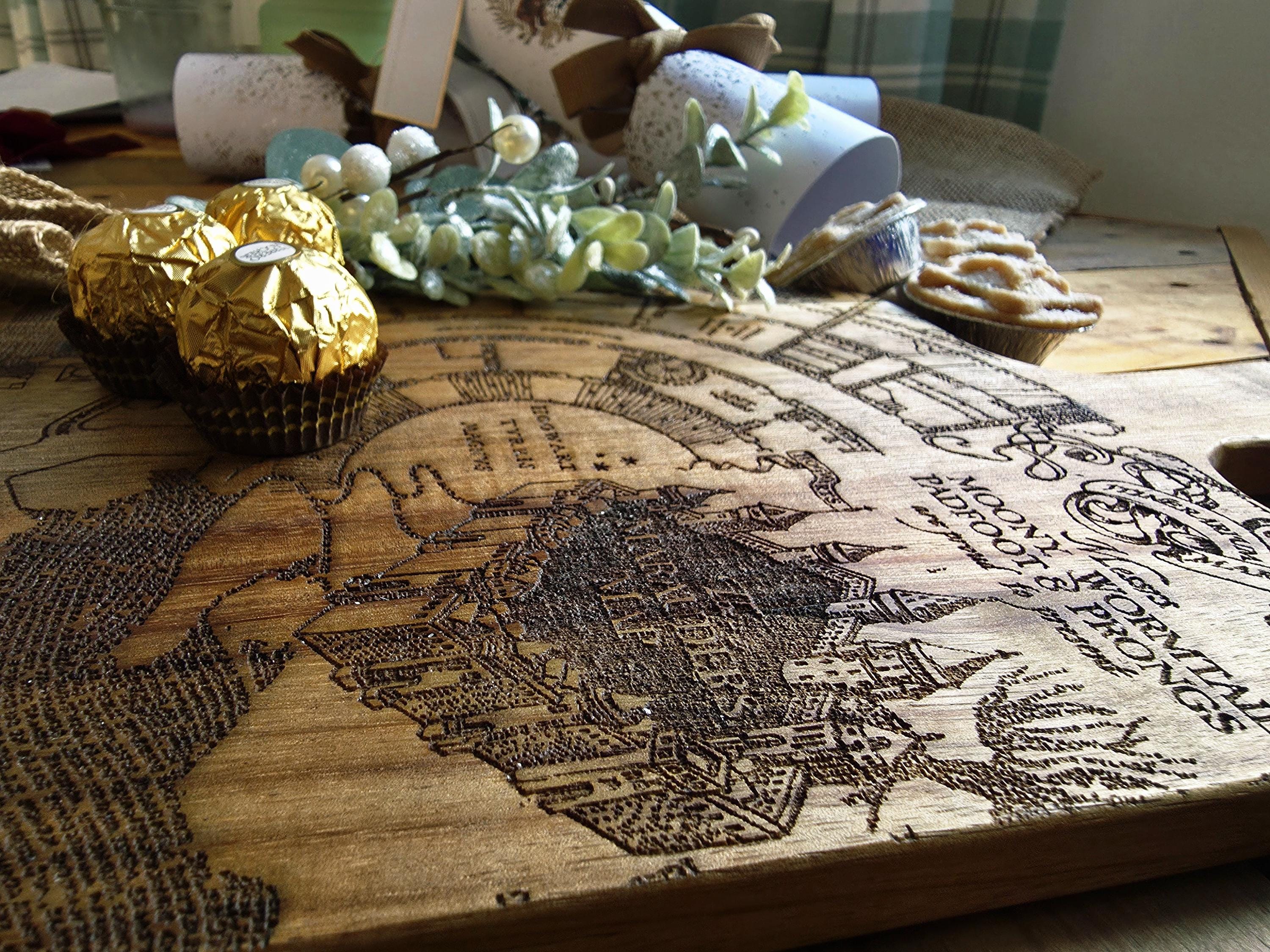 Marauders map fan art serving board- cheese charcuterie chopping board in acacia wood
