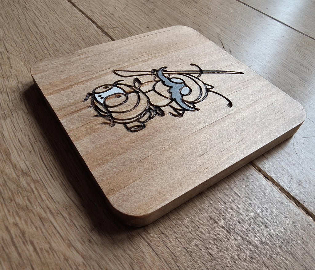 Hollow Knight Silksong Garamond and Zaza wooden drinks coaster