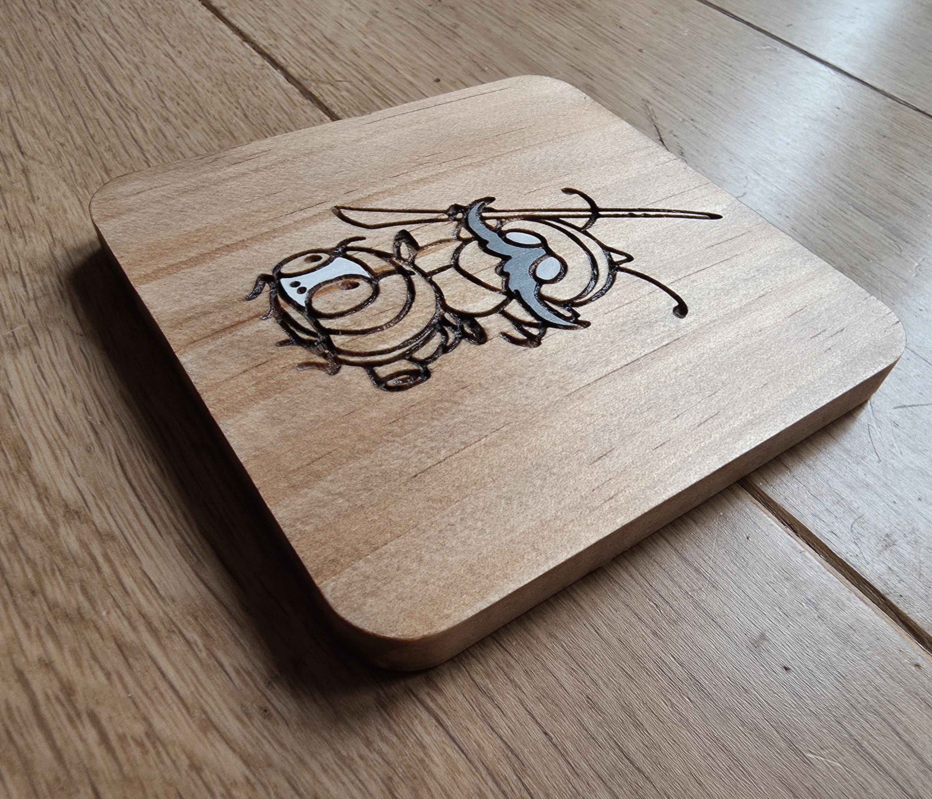 Hollow Knight Silksong Garamond and Zaza wooden drinks coaster
