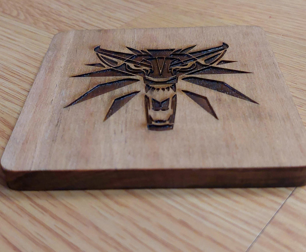 Witcher fan art wooden drinks coaster Witcher Medallion