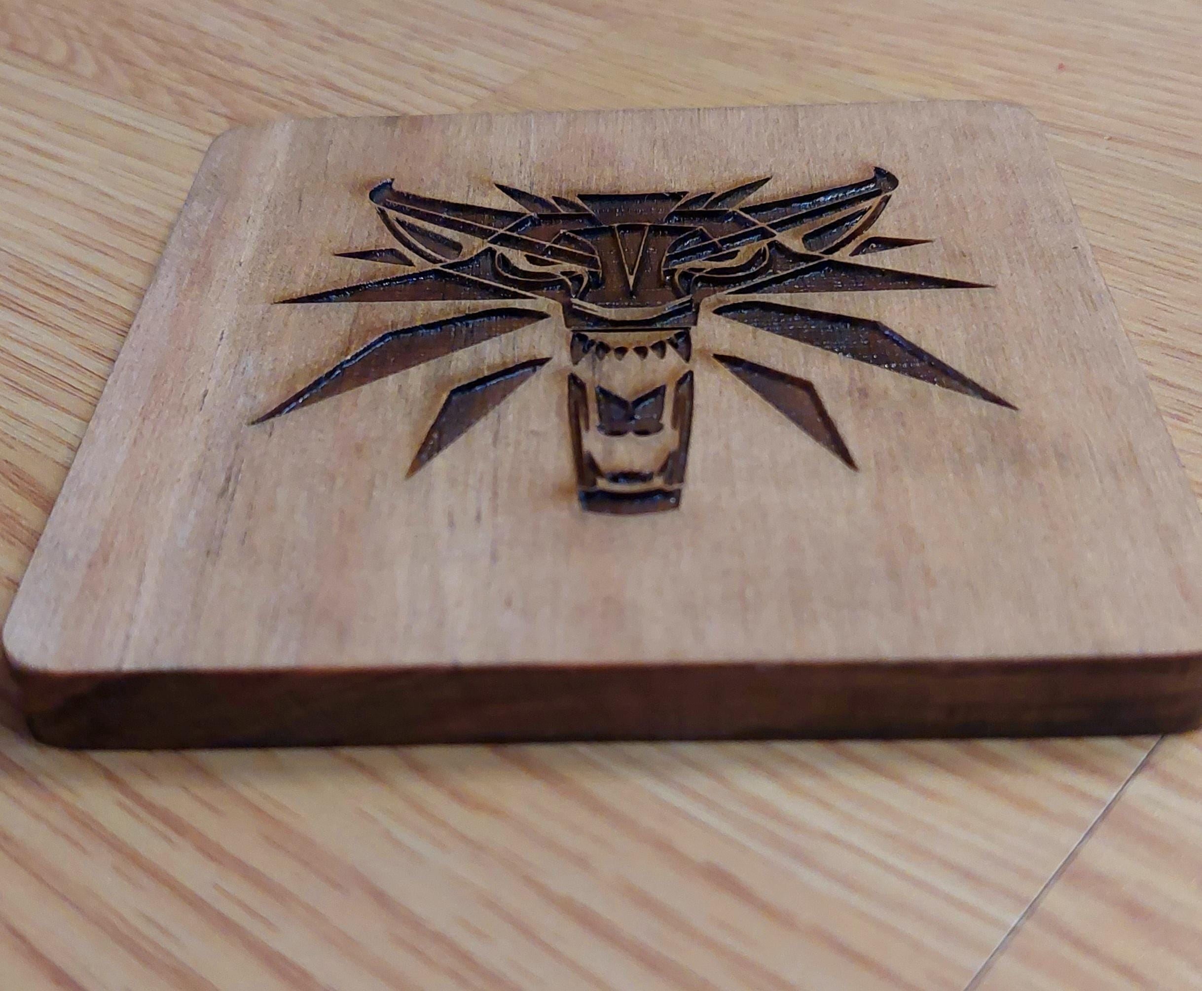 Witcher fan art wooden drinks coaster Witcher Medallion
