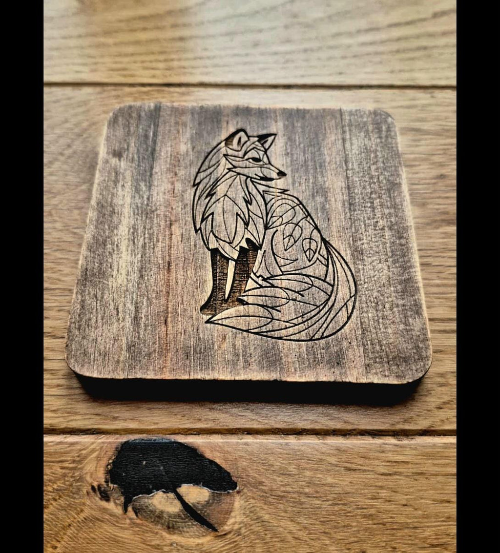 Woodland leaf fox engraved wooden coaster