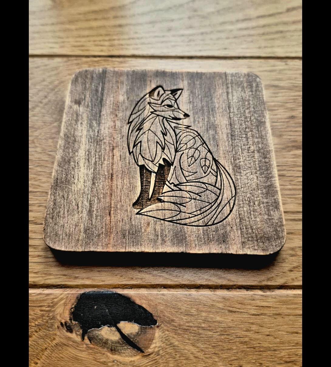 Woodland leaf fox engraved wooden coaster