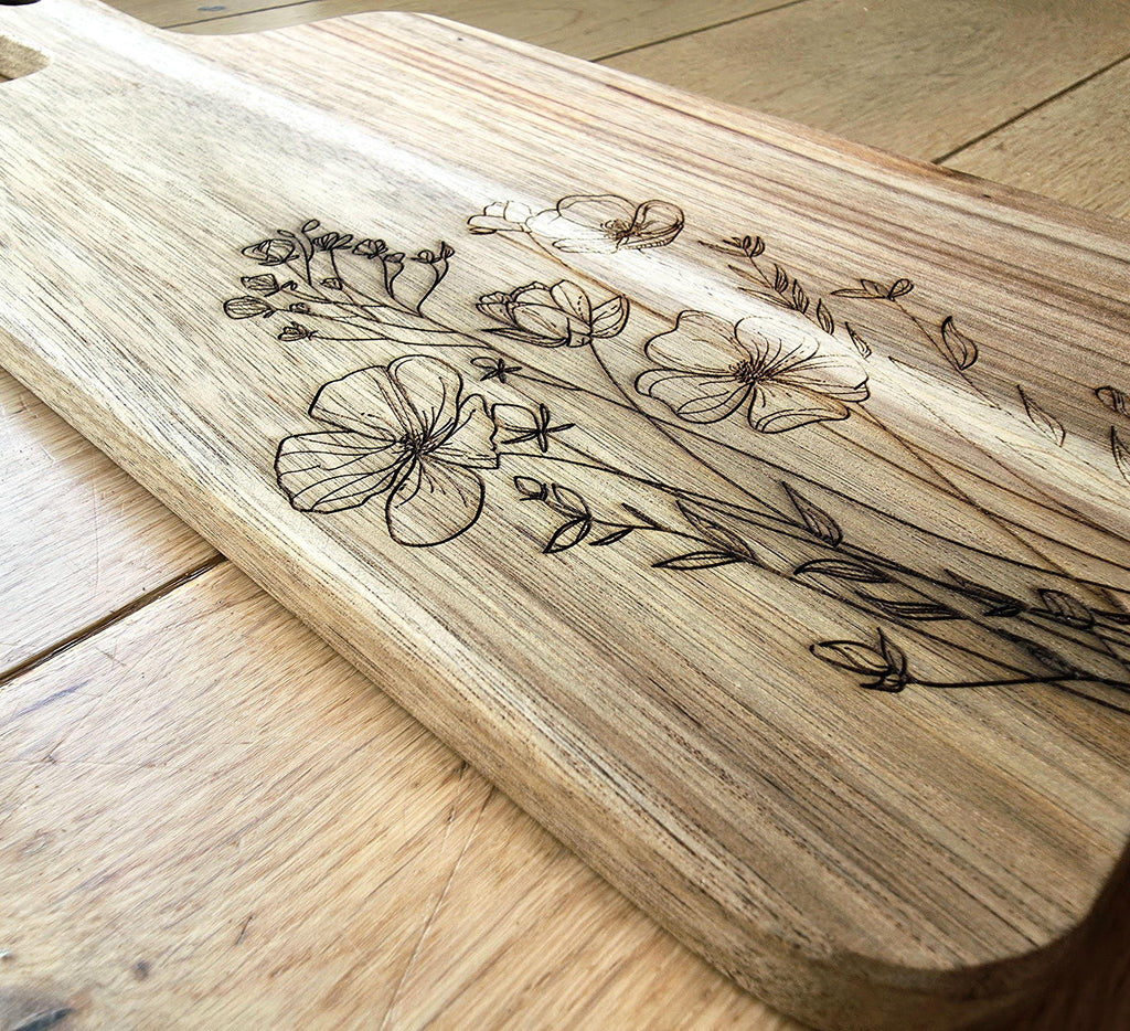 Botanical wildflowers cheese charcuterie chopping board in acacia wood