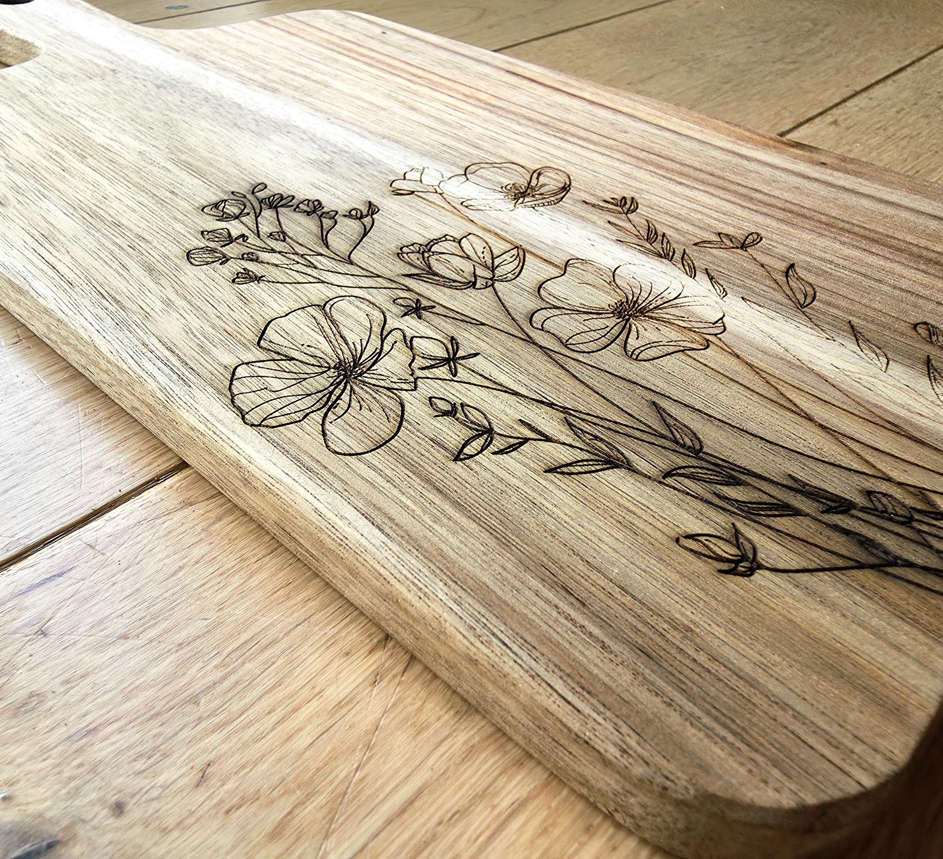 Botanical wildflowers cheese charcuterie chopping board in acacia wood