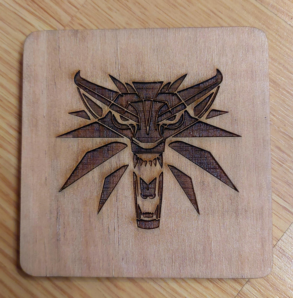 Witcher fan art wooden drinks coaster Witcher Medallion