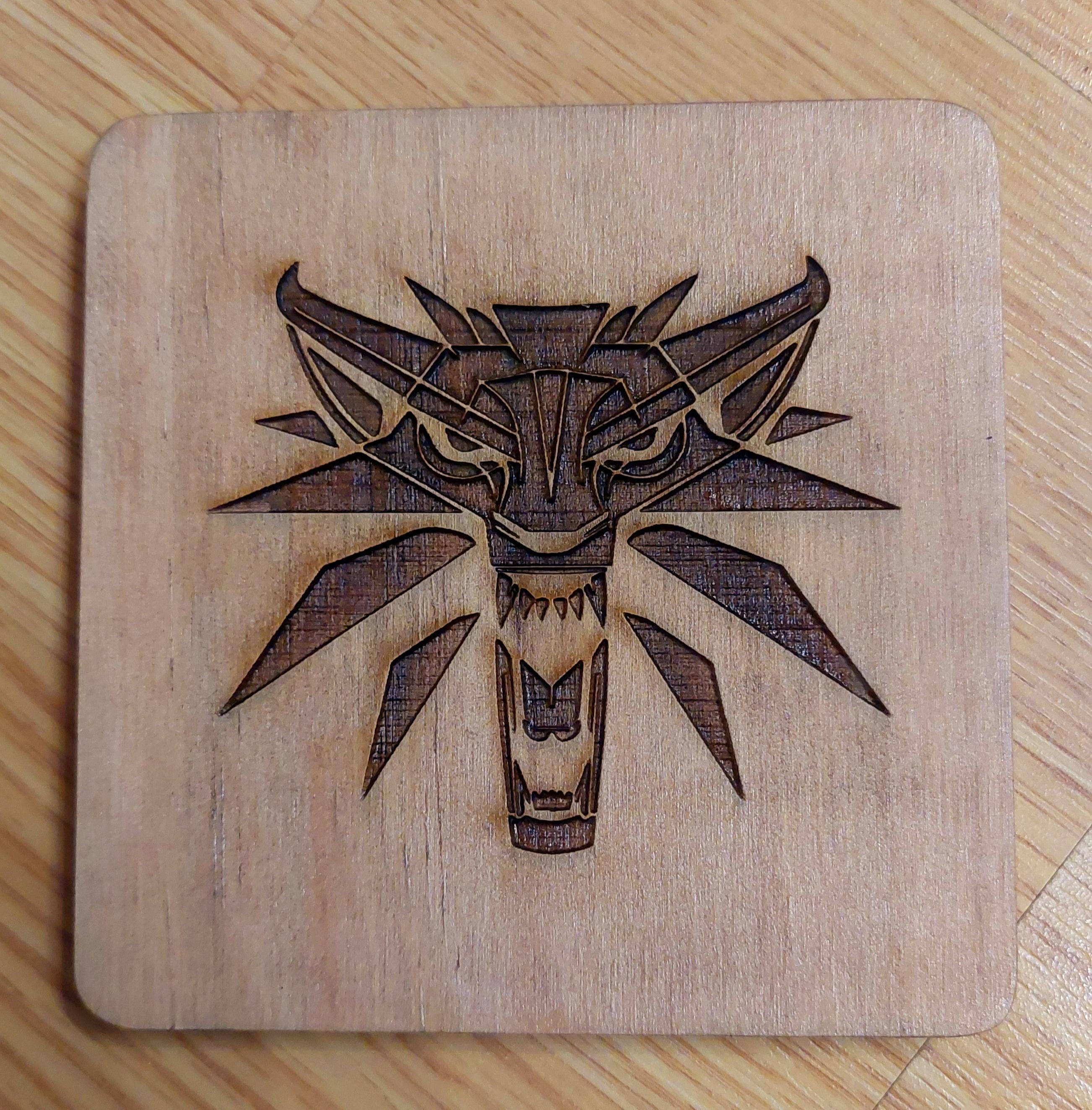 Witcher fan art wooden drinks coaster Witcher Medallion