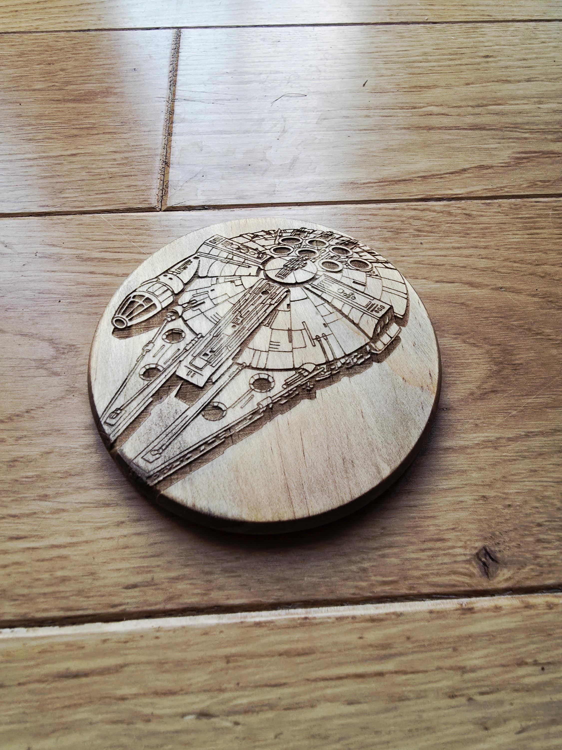 Star wars fan art wooden drinks coaster Millennium Falcon