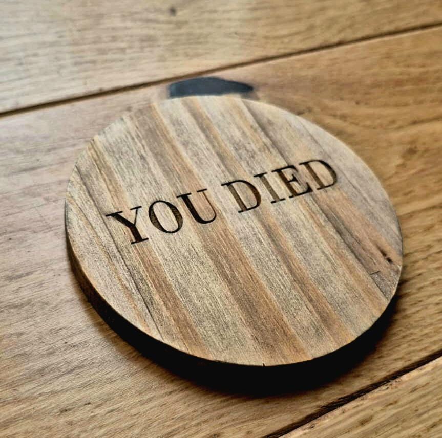 Bloodborne dark souls elden ring 'you died' fan art wooden drinks coaster